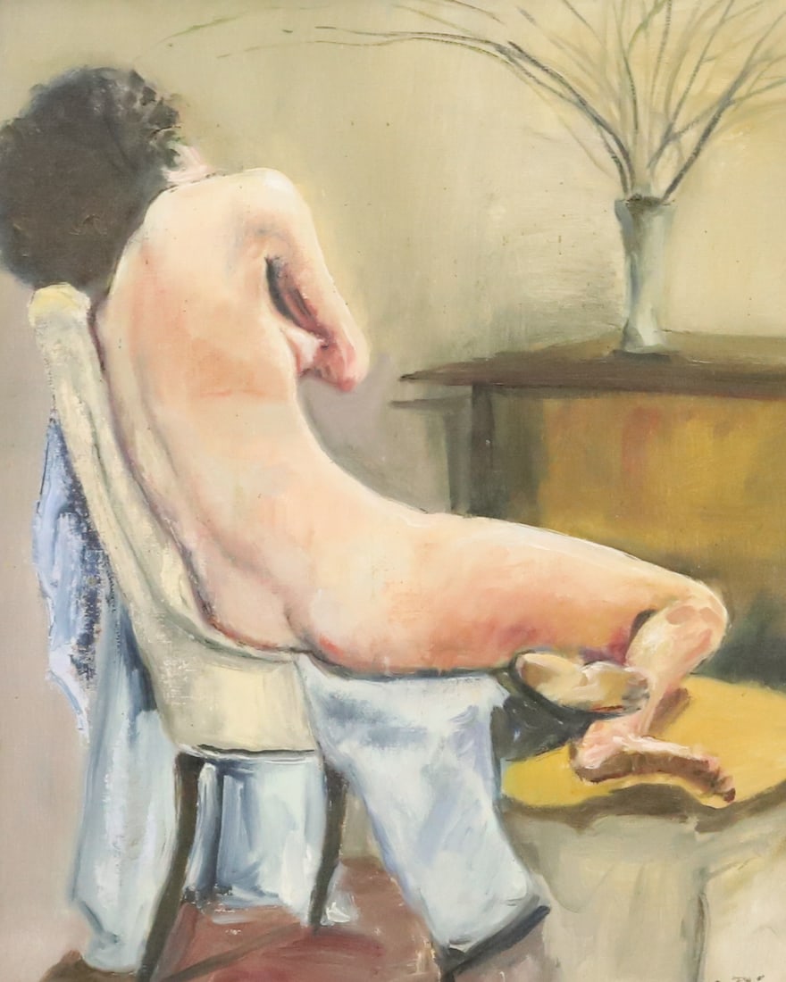 SALLY DIAZ, OIL ON CANVAS: NUDE WOMAN RECLINING IN CHAIR. SGND. BOTTOM RIGHT. TOTAL SIZE 31" X 26 1/4". SIGHT VIEW 19 1/4" X 14 3/4". PLEASE READ CAREFULLY - SINCE THIS IS A COIN SALE PLEASE NOTE. ITEMS MUST BE PAID FOR THROUGH