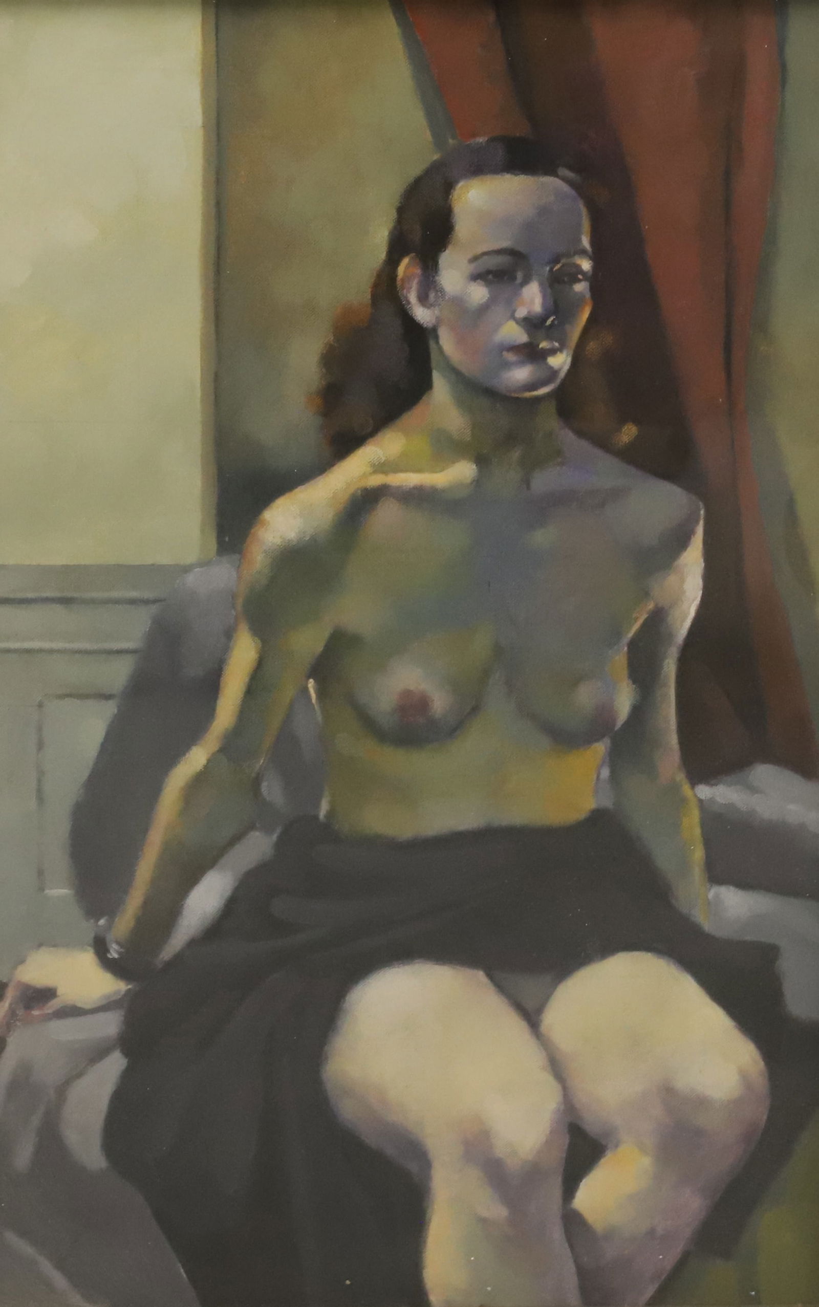 GEORGE THOMPSON, OIL ON CANVAS: "SEATED NUDE WITH DRAPE" SGND/DATED IN PENCIL ON BACK "92". FRAMED UNDER GLASS. 24" X 16". PLEASE READ CAREFULLY - SINCE THIS IS A COIN SALE PLEASE NOTE. ITEMS MUST BE PAID FOR THROUGH LIVE AUCTIONEER