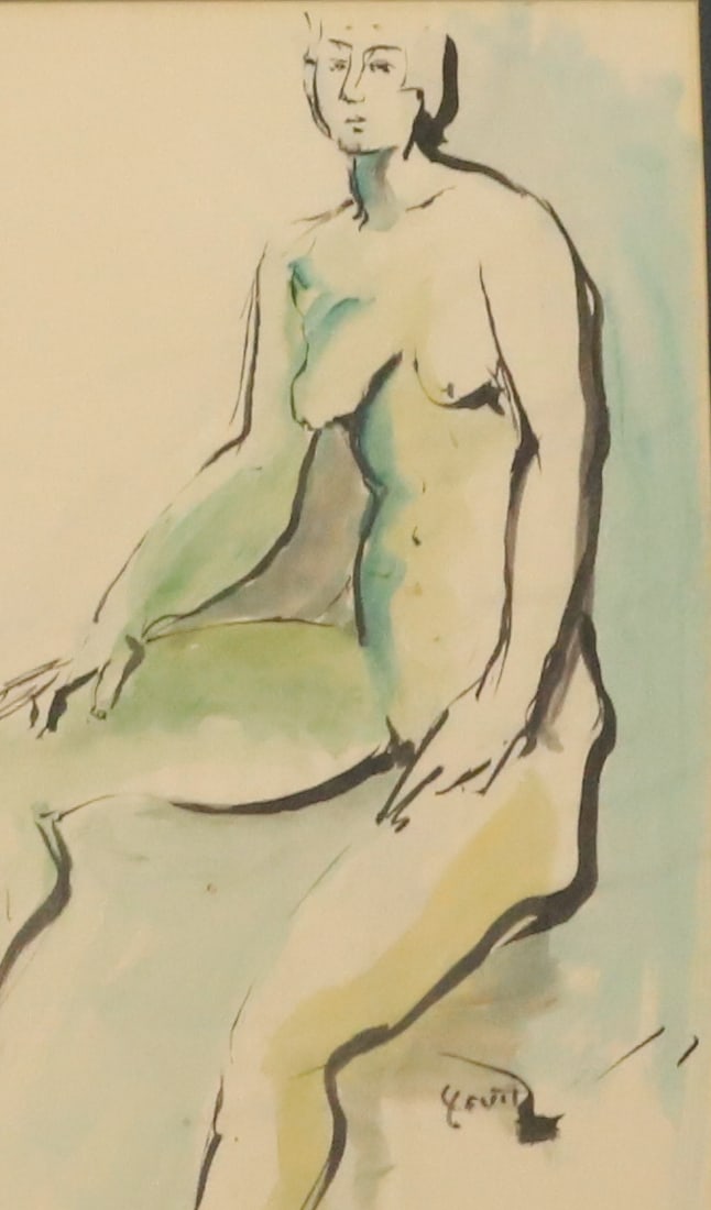 LILLIAN LEVIT, ORIGINAL DRAWING: "NUDE IN GREEN AND BLACK" SGND. BOTTOM RIGHT. FRAMED UNDER GLASS. 22 1/4" X 14 1/4". PLEASE READ CAREFULLY - SINCE THIS IS A COIN SALE PLEASE NOTE. ITEMS MUST BE PAID FOR THROUGH LIVE AUCTIONEERS OR W