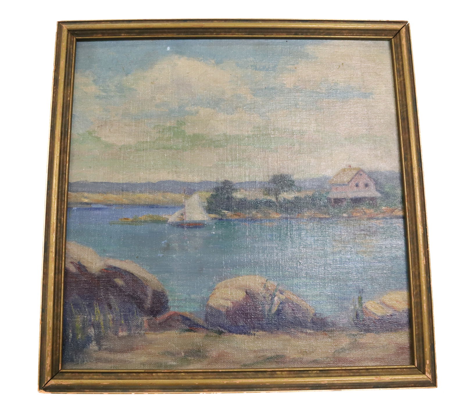 FRAMED OIL ON BOARD, LANDSCAPE: LAKE SCENE WITH SAILBOAT AND HOUSE IN BACKGROUND. UNSIGNED. FROM ROBERT DONEY ESTATE. 13" X 13" TOTAL SIZE. PLEASE READ CAREFULLY - SINCE THIS IS A COIN SALE PLEASE NOTE. ITEMS MUST BE PAID FOR THROUG