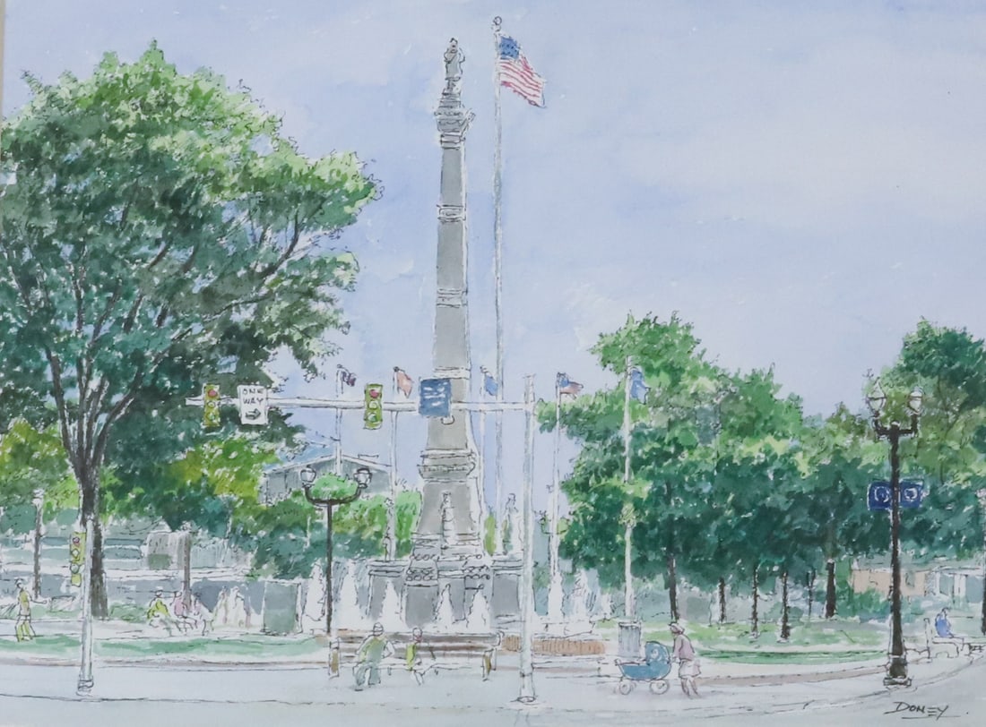 ROBERT DONEY, WATERCOLOR / PEN / INK: "CENTER SQUARE FROM NORTHAMPTON", EASTON, PA. SGND. BOTTOM RIGHT. MATTED AND FRAMED UNDER GLASS. 17 1/2" X 21 1/4". PLEASE READ CAREFULLY - Terms for Purchasing and Shipping of Auction Items. Please r