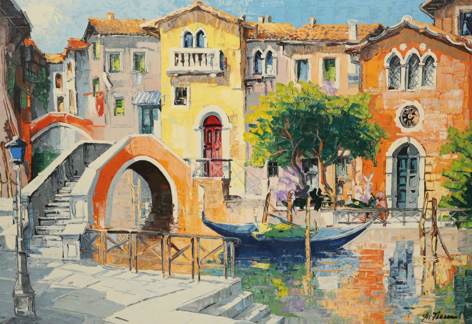 LARGE OIL ON CANVAS: VENICE SCENE IN VIBRANT COLORS. SGND. BOTTOM RIGHT. FRAMED. 38 1/2" X 54". PLEASE READ CAREFULLY - SINCE THIS IS A COIN SALE PLEASE NOTE. ITEMS MUST BE PAID FOR THROUGH LIVE AUCTIONEERS OR WITH CASH O