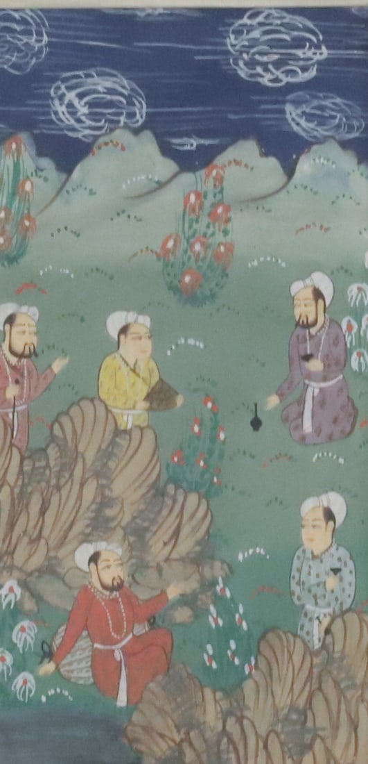 CHINESE WATERCOLOR : ELDERS IN GARDEN WITH WINE GLASSES VIEW SIGHT 6 1/4" X 3 1/2" OVERALL 12" X 7 1/2" FRAMED IN SOLID BRASS FRAME PLEASE READ CAREFULLY - Terms for Purchasing and Shipping of Auction Items. Please read c