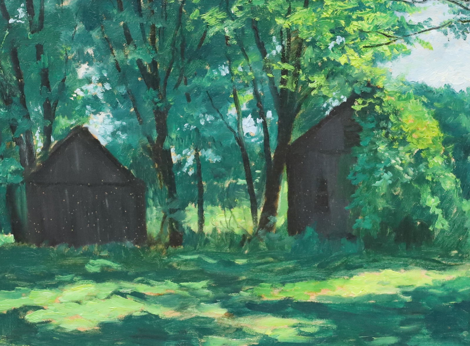 "TWO BARNS IN SHADOWS", OIL ON BOARD (1 of 6)