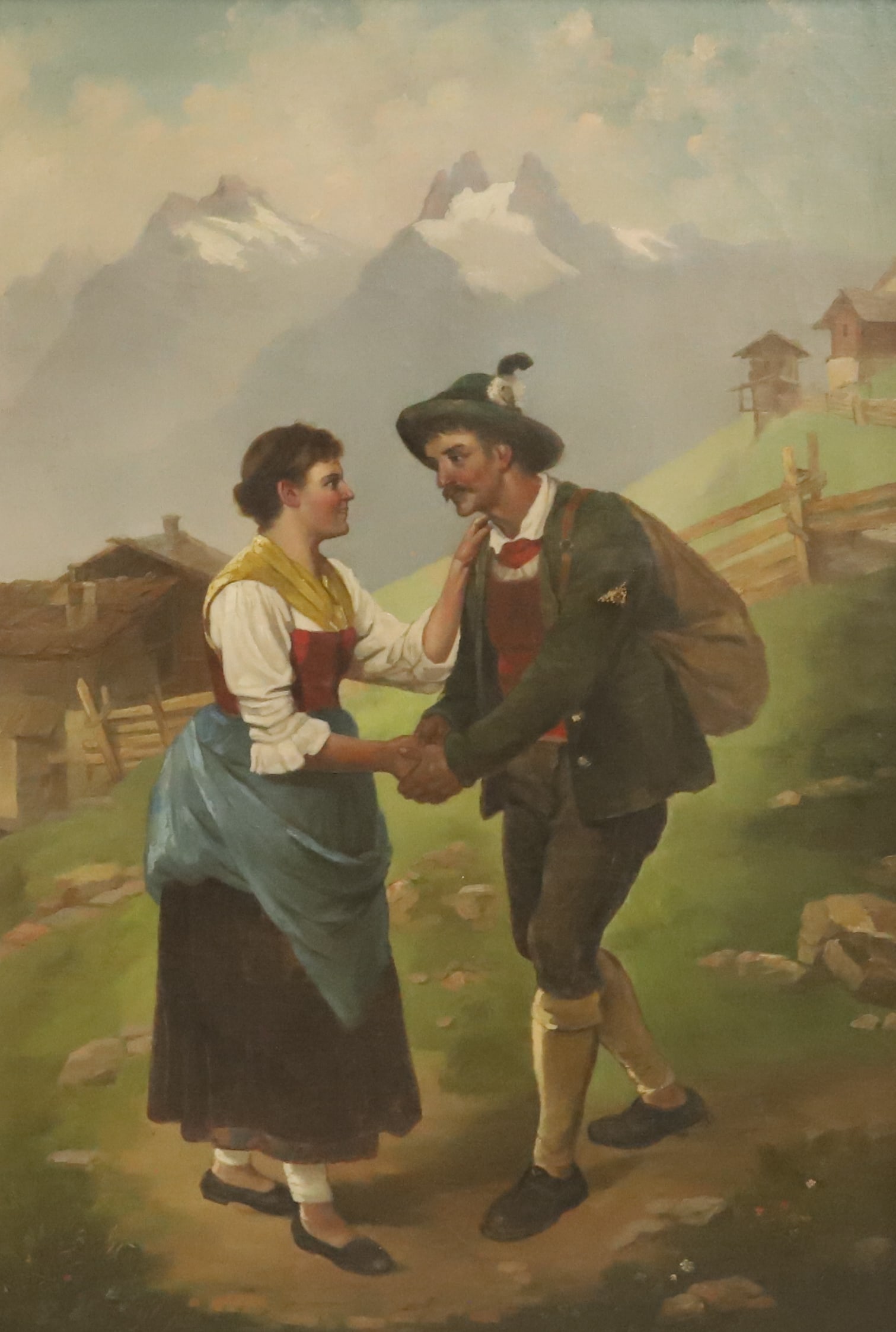 ANTIQUE OIL PAINTING, GERMAN COUPLE: MOUNTAINOUS LANDSCAPE WITH COUPLE BIDDING FAREWELL. UNSIGNED. ORNATE GILT FRAME. 35" X 26 1/4". TOTAL SIZE. PLEASE READ CAREFULLY - Terms for Purchasing and Shipping of Auction Items. Please read care