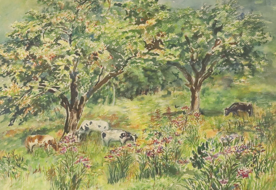 FRAMED WATERCOLOR, COWS IN PASTURE (1 of 8)