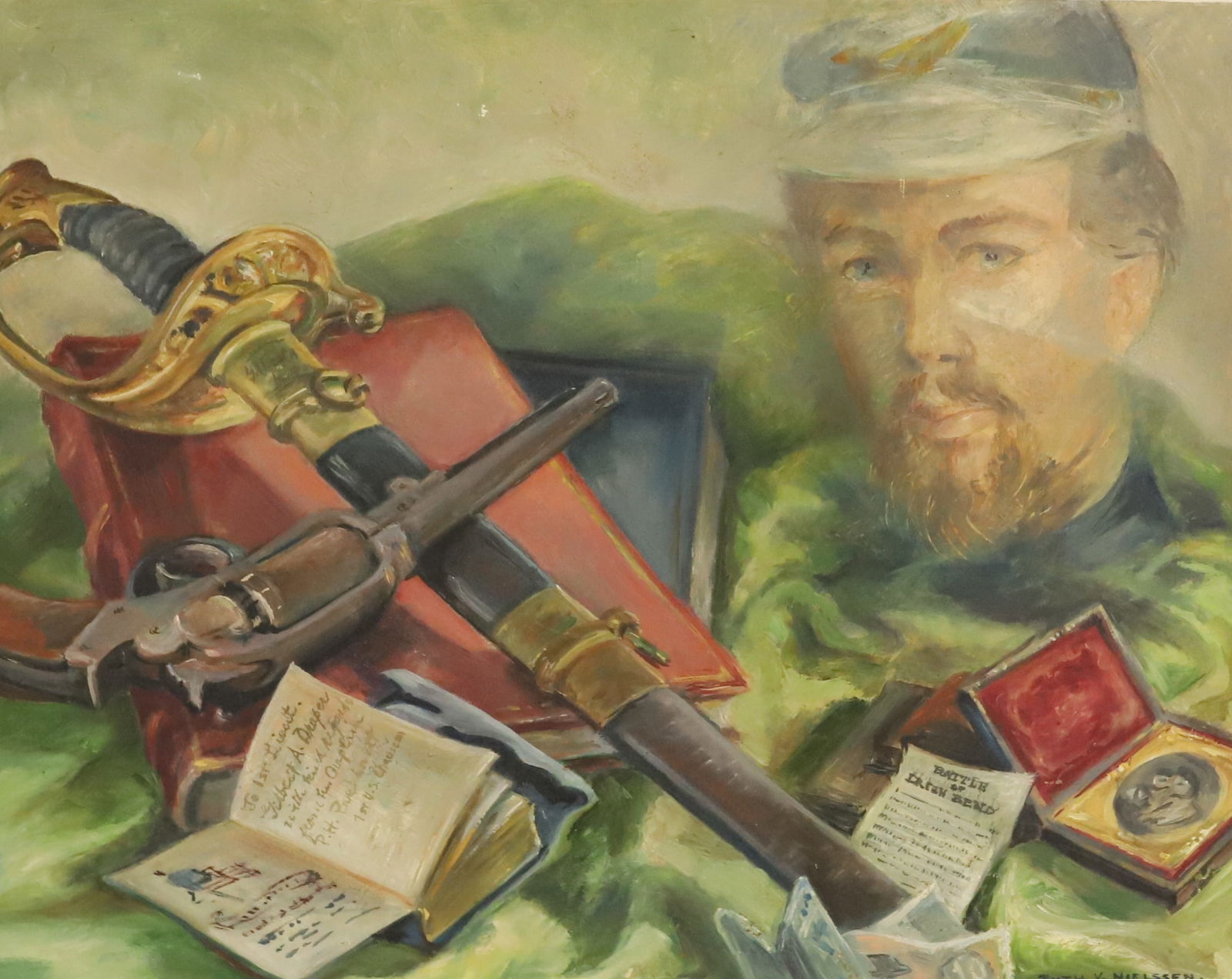 RUTH NIELSSEN OIL ON BOARD: DEPICTS CIVIL WAR SOLDIER, SWORD, JOURNAL, DAGUERREOTYPE AND MORE. SGND/DATED 1961 BOTTOM RIGHT. TOTAL SIZE 22" X 27". PLEASE READ CAREFULLY - Terms for Purchasing and Shipping of Auction Items. Pleas