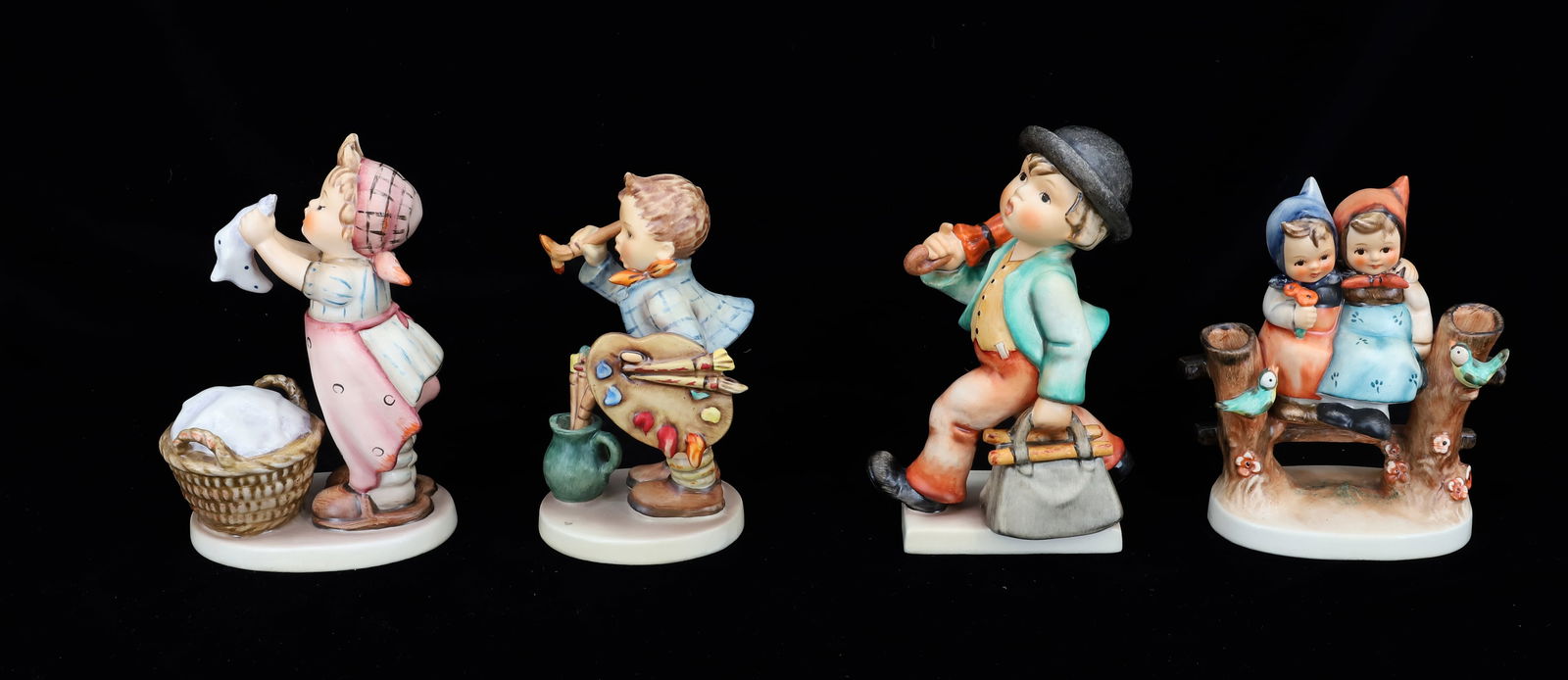 GOEBEL HUMMEL FIGURINES: 4 GOEBEL HUMMEL FIGURINES, COQUETTES GIRLS #179 5", WASH DAY #72 1997 5 1/2",MERRY WANDERER # 7/0 6", ARTIST #304 5", PLEASE READ CAREFULLY - Terms for Purchasing and Shipping of Auction Items. Please