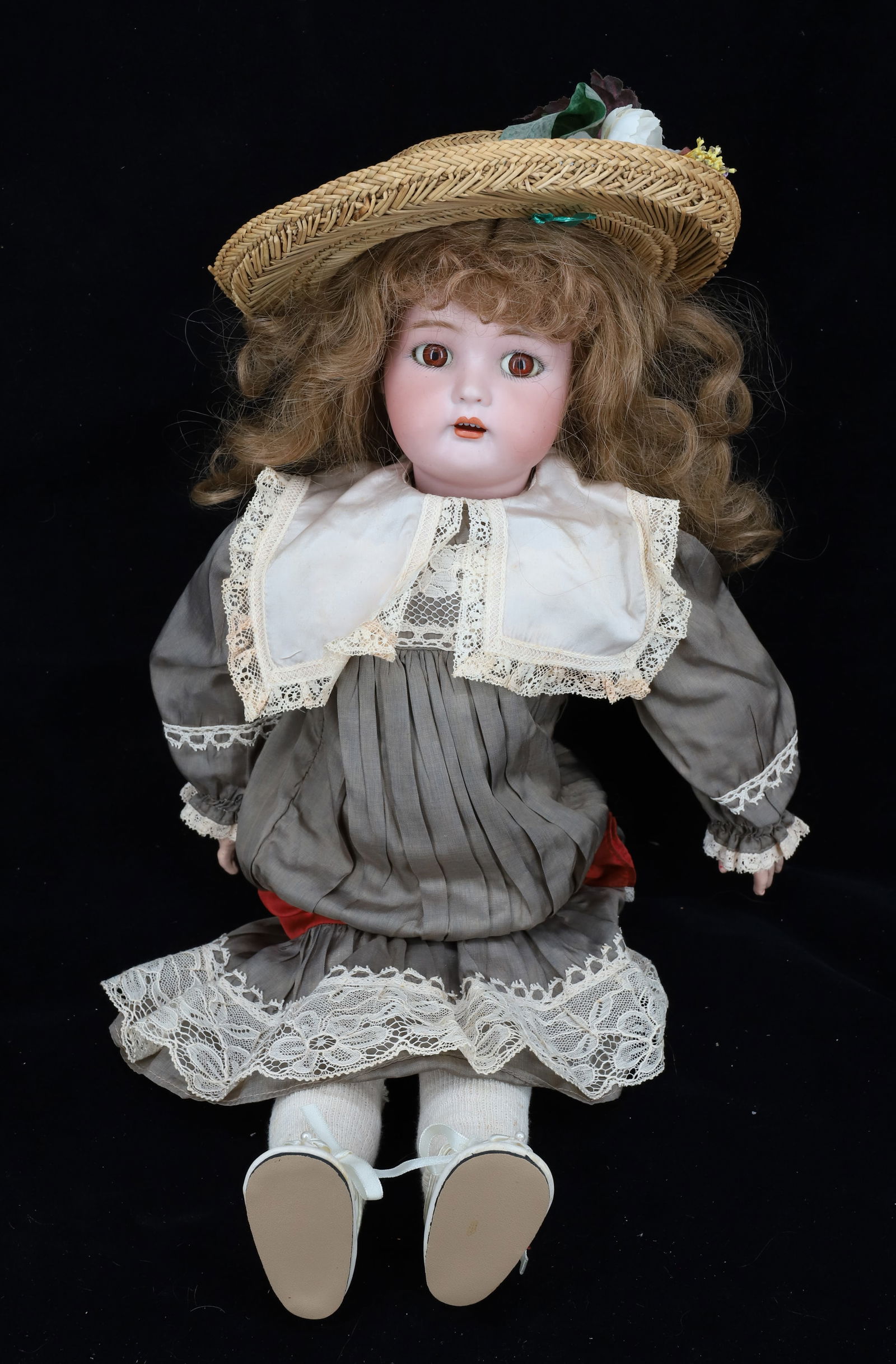 SIMON & HALBIG PORCELAIN HEAD DOLL: LONG HAIR WIG BROWN EYES OPEN MOUTH AND TEETH FULLY CLOTHED WITH SHOES 20" PLEASE READ CAREFULLY - Terms for Purchasing and Shipping of Auction Items. Please read carefully before bidding.