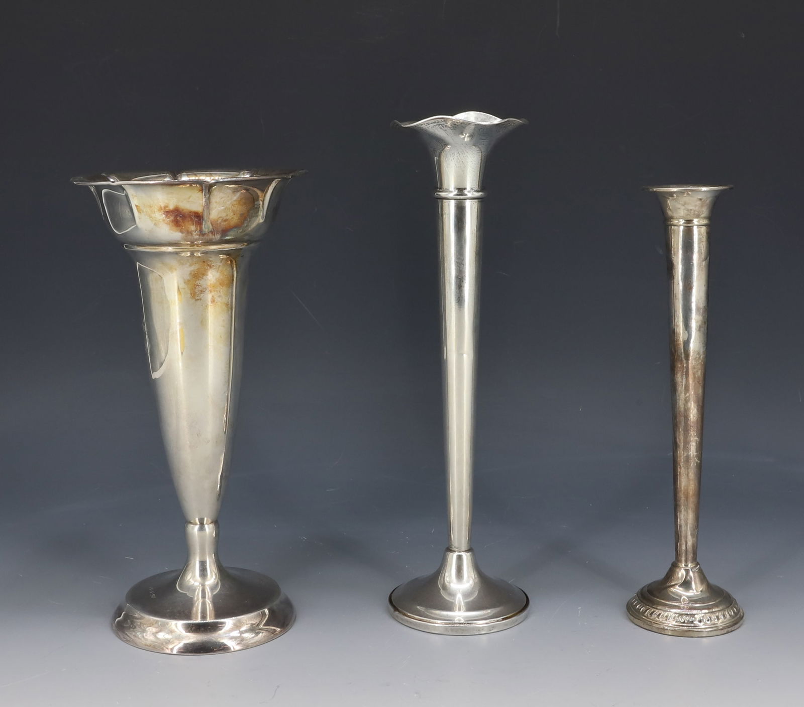 (3) STERLING SILVER AND 830 WEIGHTED BASE TRUMPET VASES (1 of 4)