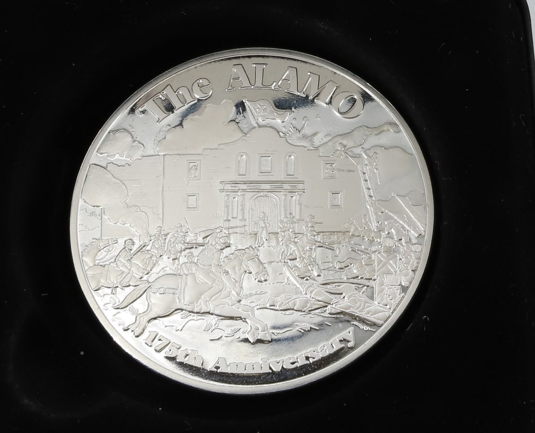 THE ALAMO 175TH ANNIVERSARY PROOF COIN: 20 % SILVER IN ORIGINAL GIFT BOX AND CERTIFICATE 2 1/2" DIA PLEASE READ CAREFULLY - SINCE THIS IS A COIN SALE PLEASE NOTE. ITEMS MUST BE PAID FOR THROUGH LIVE AUCTIONEERS OR WITH CASH OR CHECK IN PERS