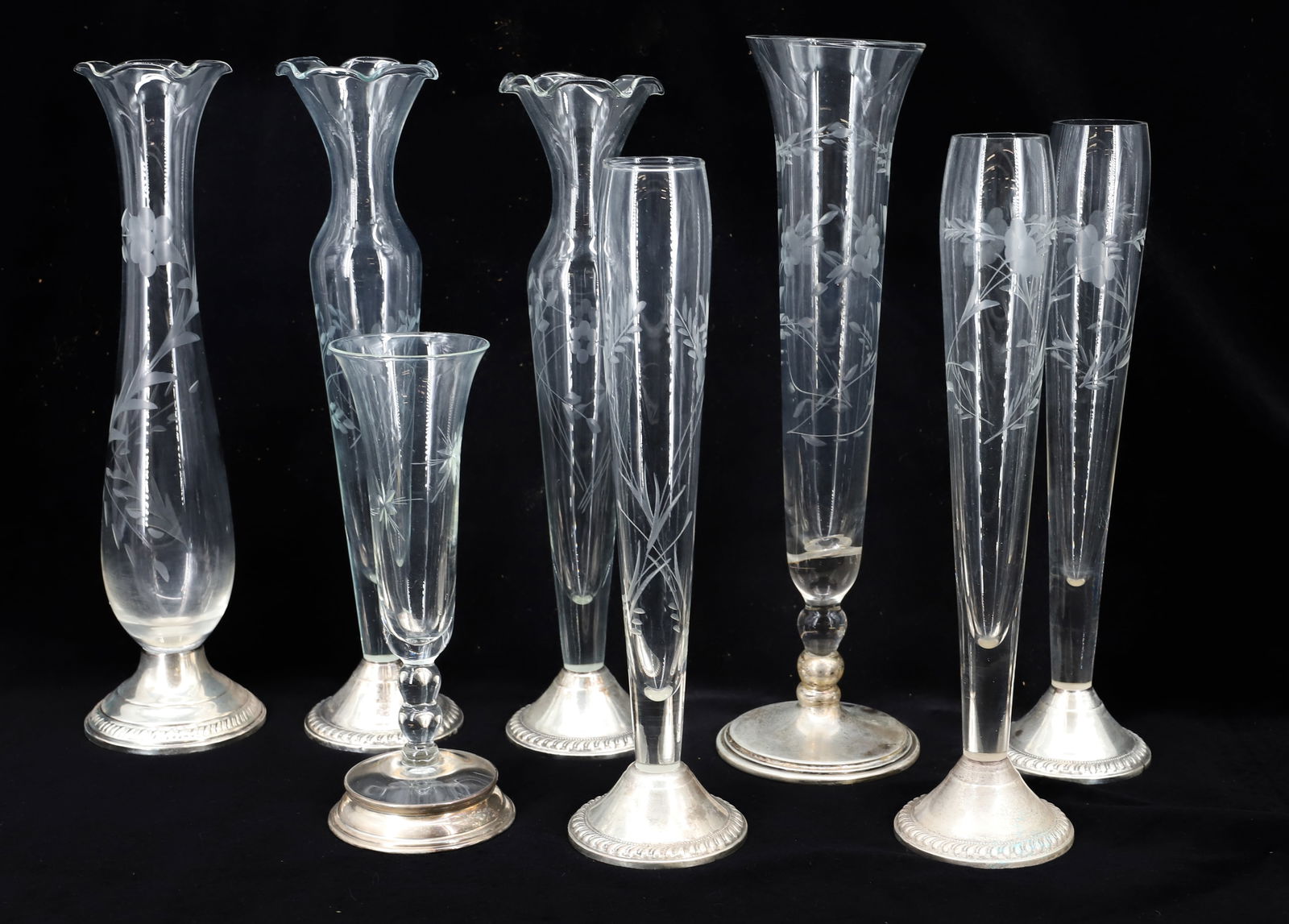 (8) STERLING SILVER WEIGHTED BASE GLASS VASES (1 of 2)
