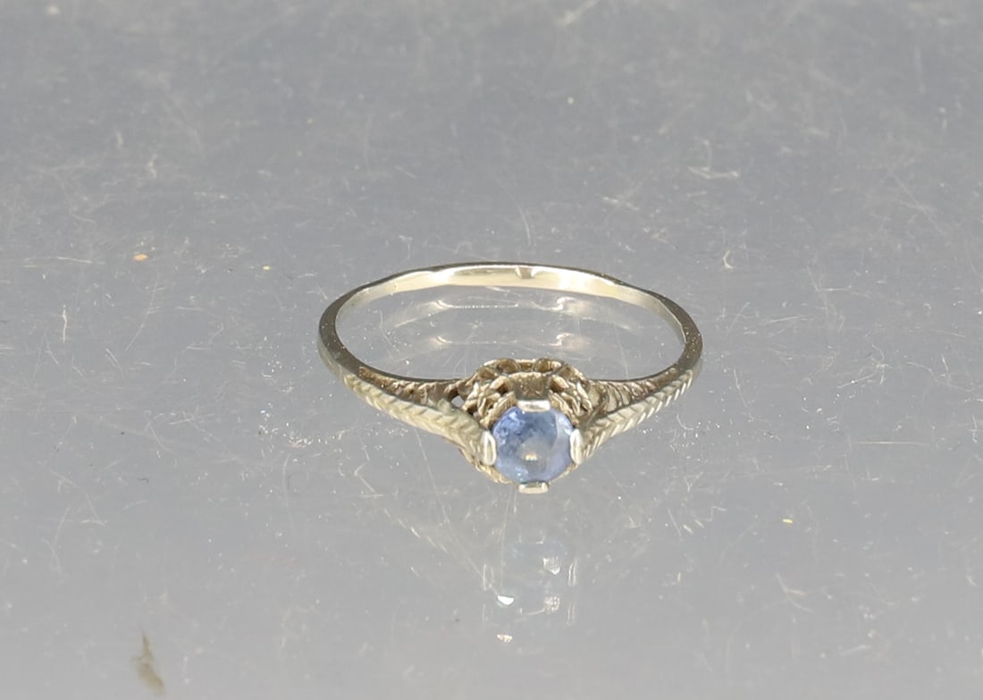 VICTORIAN FILIGREE 10K RING: NATURAL LIGHT BLUE STONE, SIZE 10 1/2 TOTAL WEIGHT 1.35 DWT PLEASE READ CAREFULLY - SINCE THIS IS A COIN SALE PLEASE NOTE. ITEMS MUST BE PAID FOR THROUGH LIVE AUCTIONEERS OR WITH CASH OR CHECK IN PERS