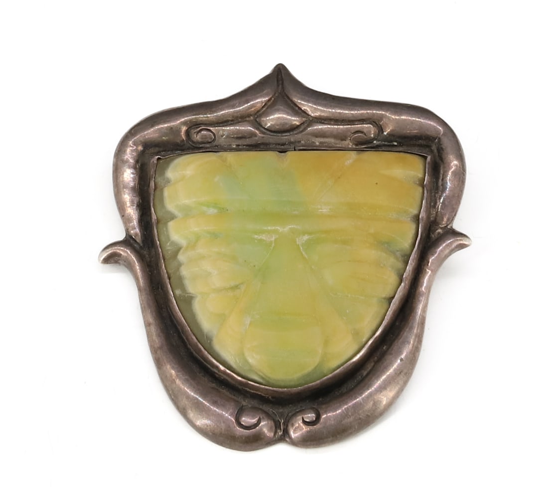 MEXICO JADE/SILVER PENDANT: MARKED SELMA CARVED YELLOW/GREEN JADE BROOCH AND PENDANT 3" X 2 3/4" 2 OZT PLEASE READ CAREFULLY - SINCE THIS IS A COIN SALE PLEASE NOTE. ITEMS MUST BE PAID FOR THROUGH LIVE AUCTIONEERS OR
