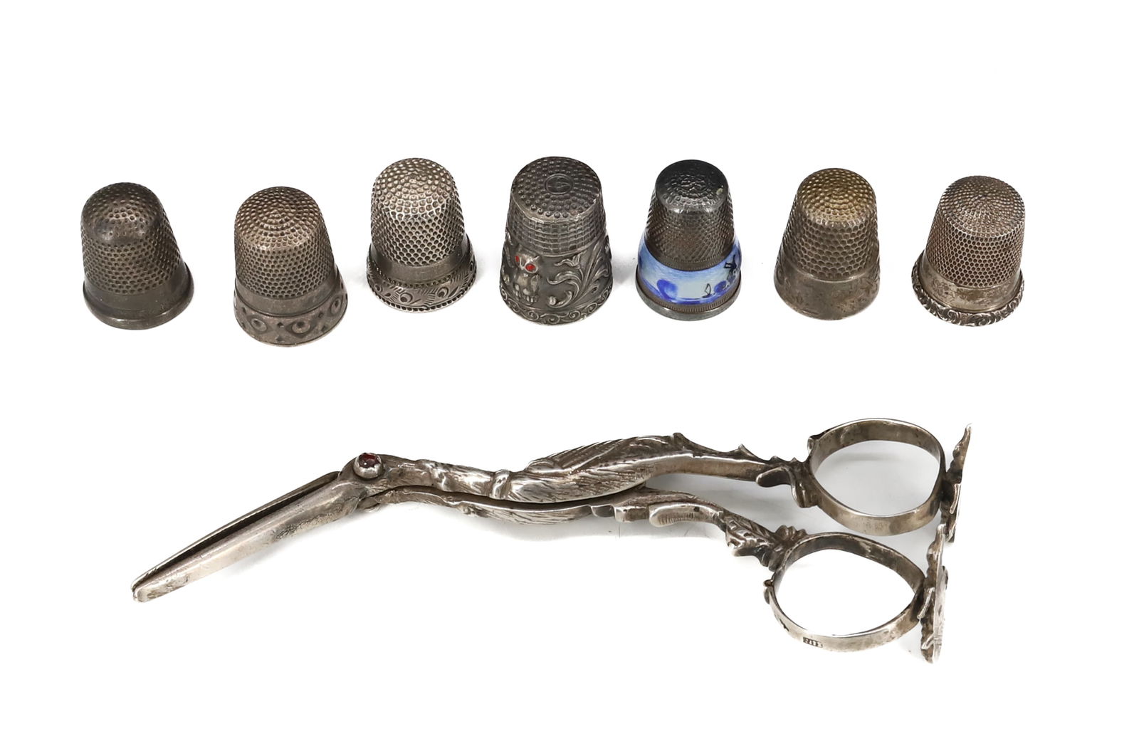 ANTIQUE SILVER THIMBLES AND SEWING BIRD (1 of 2)