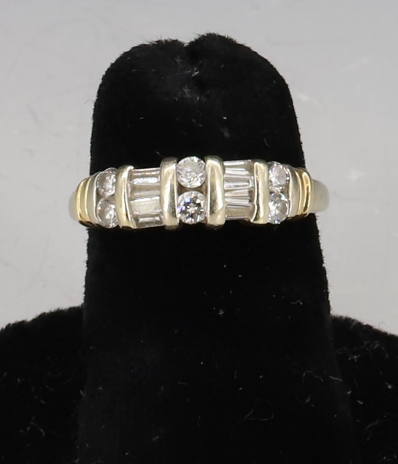 14K WHITE GOLD DIAMOND RING: (12) DIAMONDS ROUND AND BAGUETTES WITH YELLOW GOLD DECORATION SIZE 5 3/4 TOTAL WEIGHT 2 DWT PLEASE READ CAREFULLY - SINCE THIS IS A COIN SALE PLEASE NOTE. ITEMS MUST BE PAID FOR THROUGH LIVE