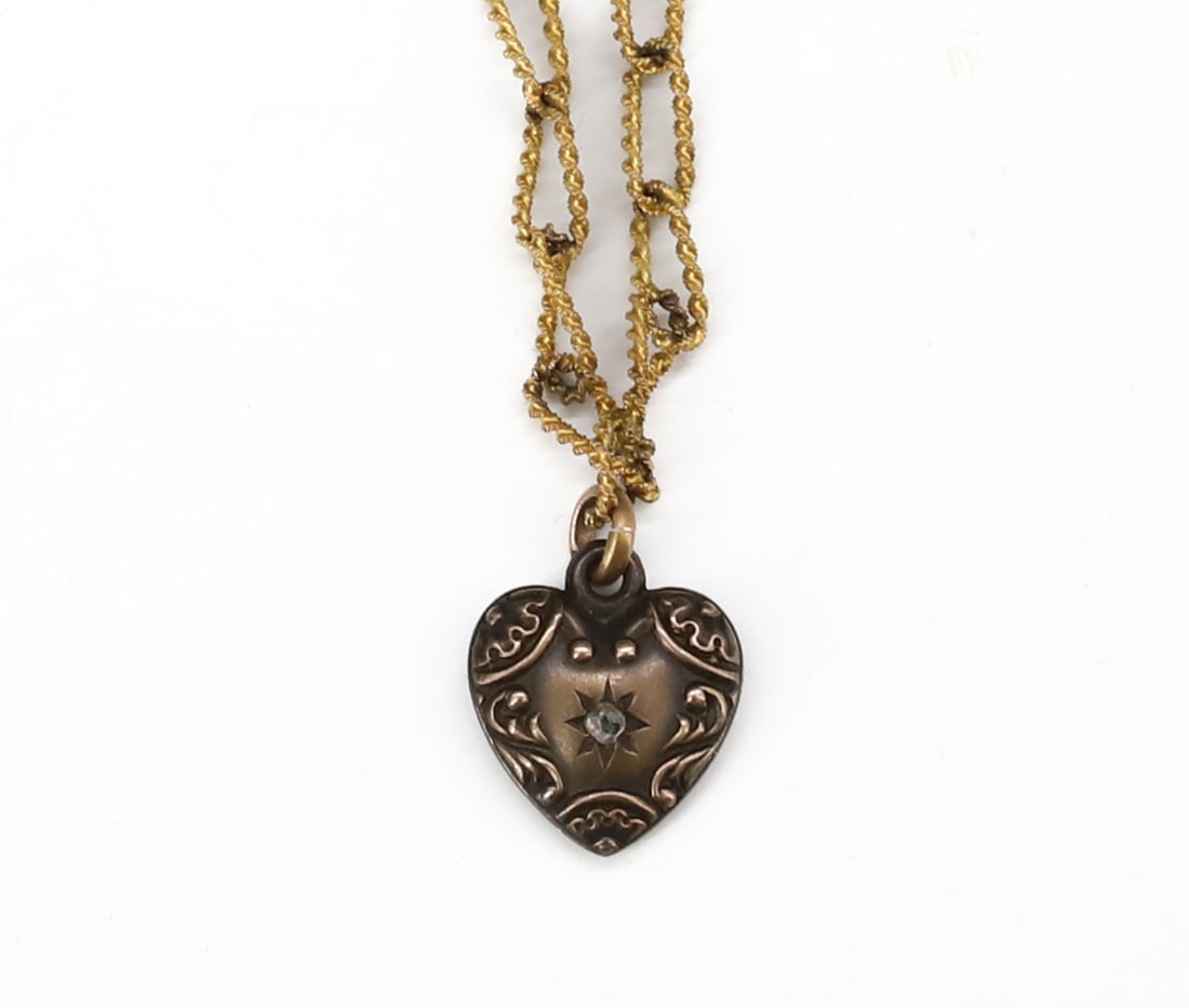 VICTORIAN 12K ROPE NECKLACE: 12K ROPE LINKS AND STERLING PUFF HEART WITH ROSE CUT DIAMOND 13"L TOTAL WEIGHT 3 6 DWT PLEASE READ CAREFULLY - SINCE THIS IS A COIN SALE PLEASE NOTE. ITEMS MUST BE PAID FOR THROUGH LIVE