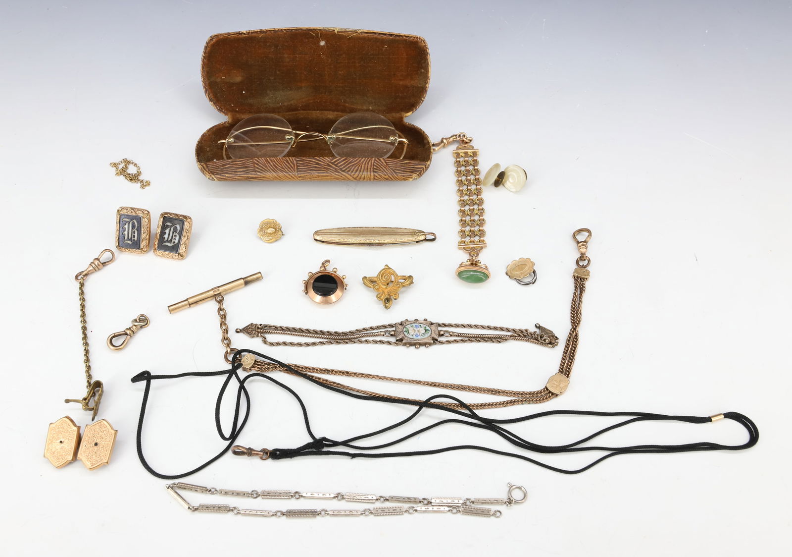 VICTORIAN WATCH CHAINS,SPECTACLES: GOLD FILLED SPECTACLES, GOLD FILLED FOB WITH GREEN CABOCHON, LONG WATCH CHAIN WITH SLIDE, 800 SILVER PARTIAL CHAIN WITH ENAMELING, GOLD FILLED FOLDING KNIFE, AGATE SPINNING FOB, 12" LARGEST ITEM PLEAS