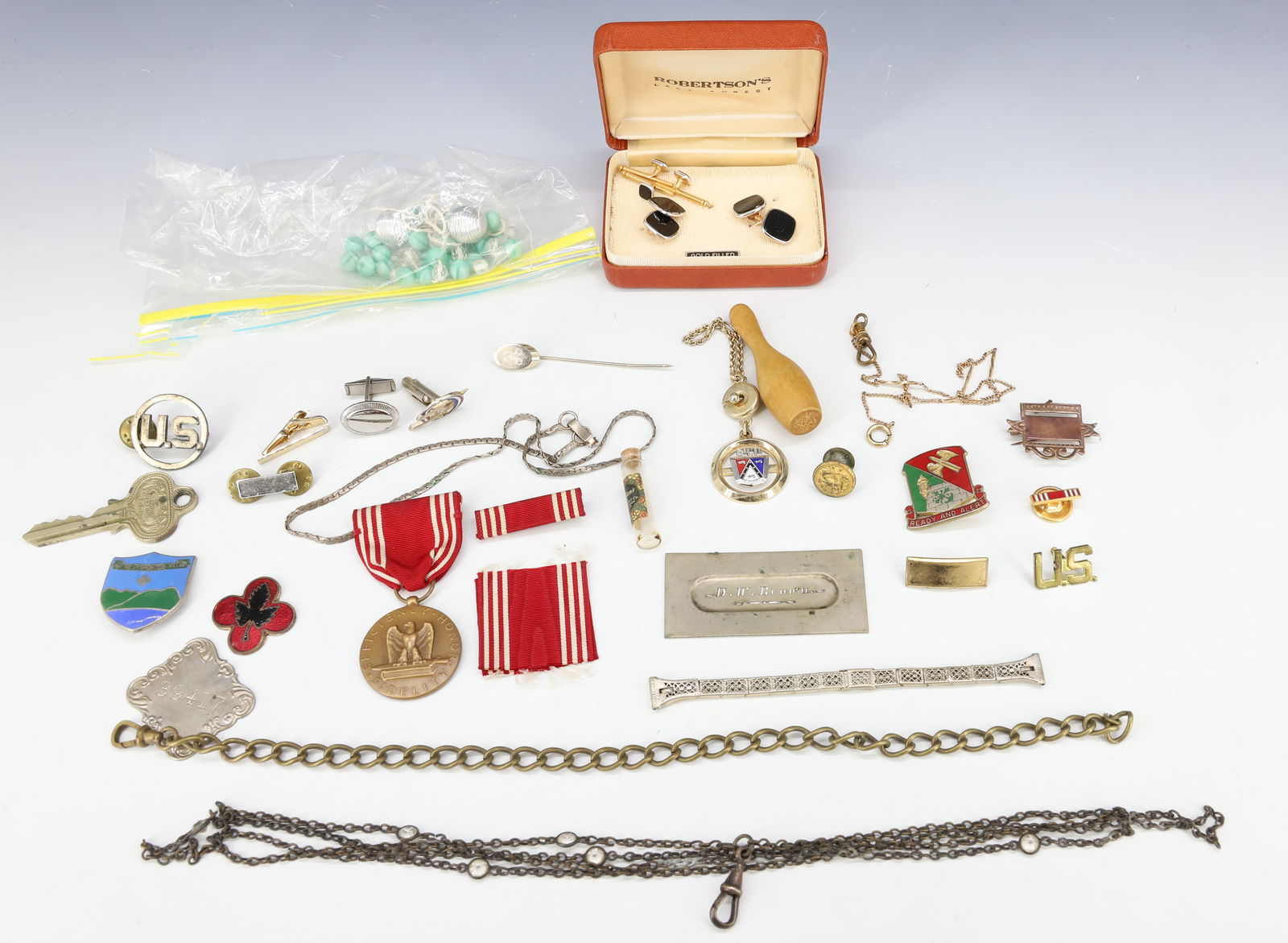 MILITARY MEDALS, WATCH CHAINS LOT (1 of 6)