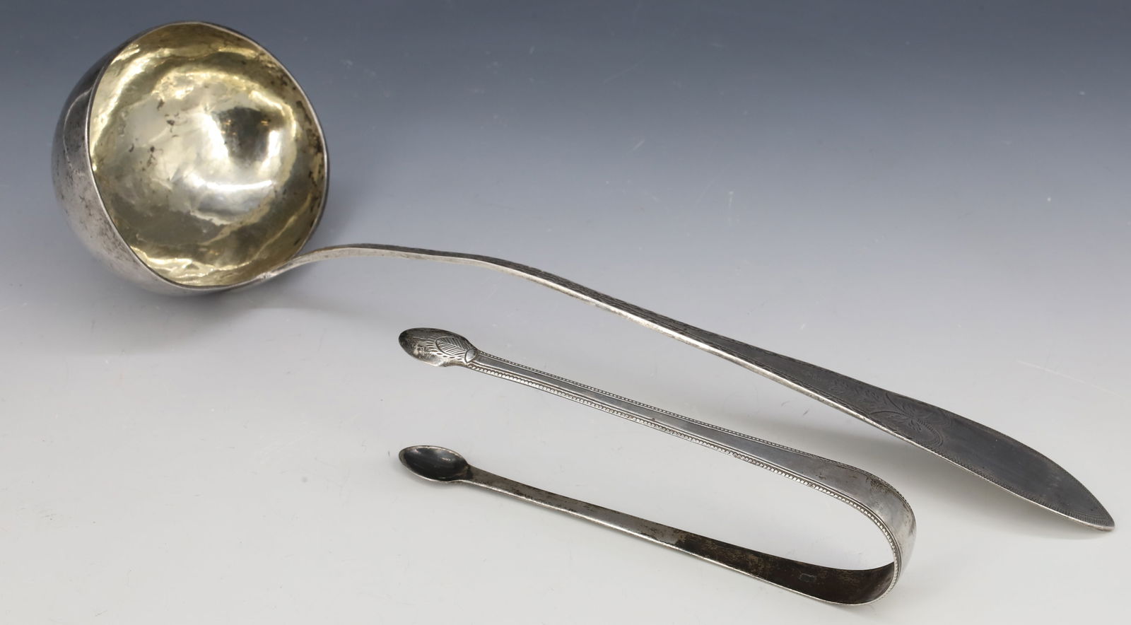 EARLY 19TH C. SILVER DENMARK LADLE AND AMERICAN TONGS (1 of 4)