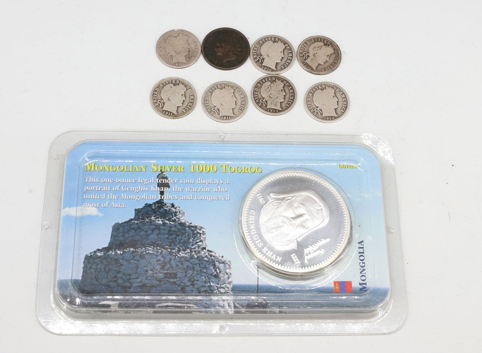 SILVER DIME LOT: (7) BARBER DIMES 1/1901, 2/ 1911, 2/ 1914, 2/ 1916, INDIAN HEAD CENT 1905 NICE CONDITION AND MONGOLIAN SILVER COIN 925 PLEASE READ CAREFULLY - SINCE THIS IS A COIN SALE PLEASE NOTE. ITEMS MUST BE