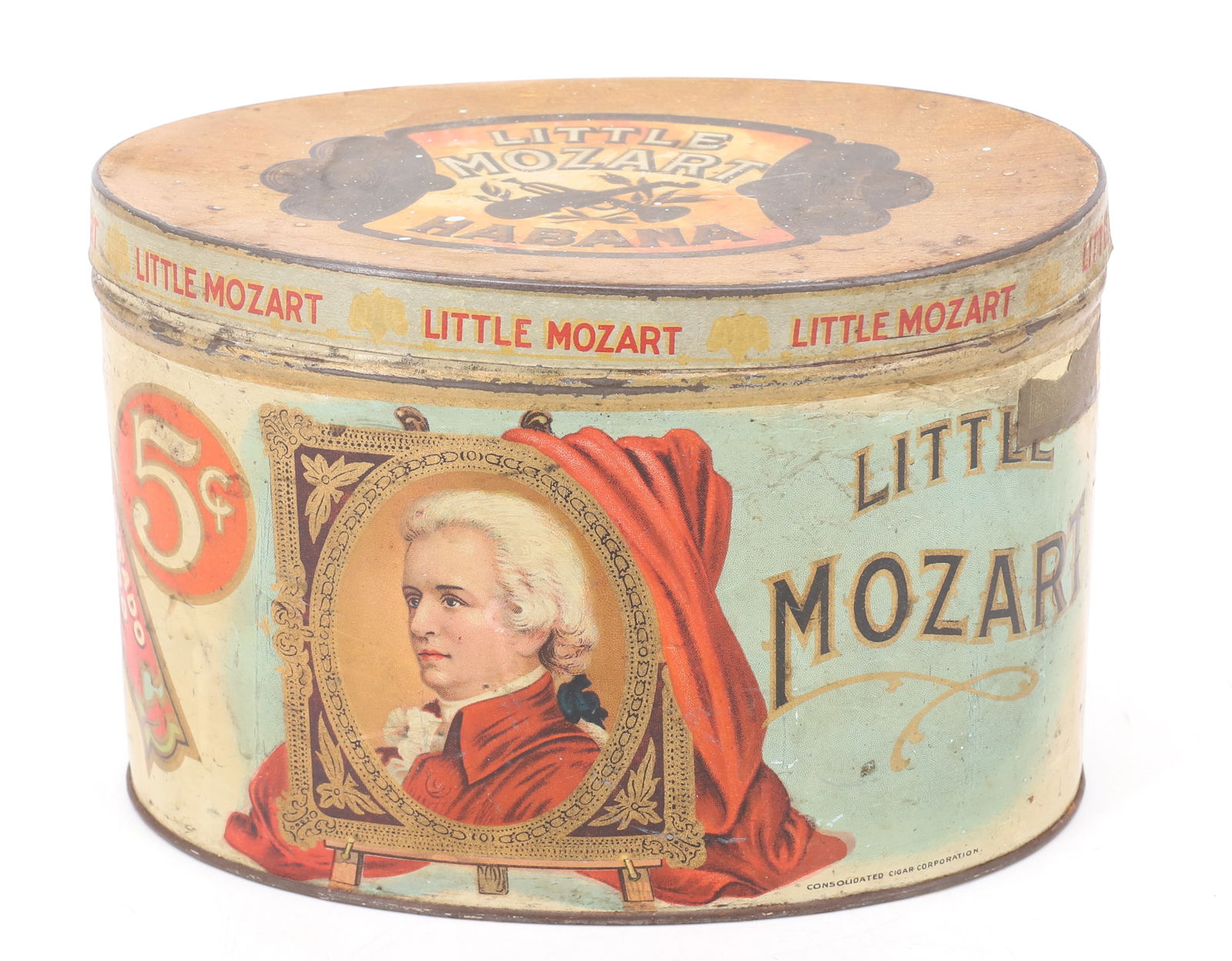 LITTLE MOZART ADVERTISING TOBACCO TIN: LITTLE MOZART HABANA, COLORADO CLARO, 5 CENTS 4 1/2" X 6 3/4". PLEASE READ CAREFULLY - SINCE THIS IS A COIN SALE PLEASE NOTE. ITEMS MUST BE PAID FOR THROUGH LIVE AUCTIONEERS OR WITH CASH OR CHECK IN P