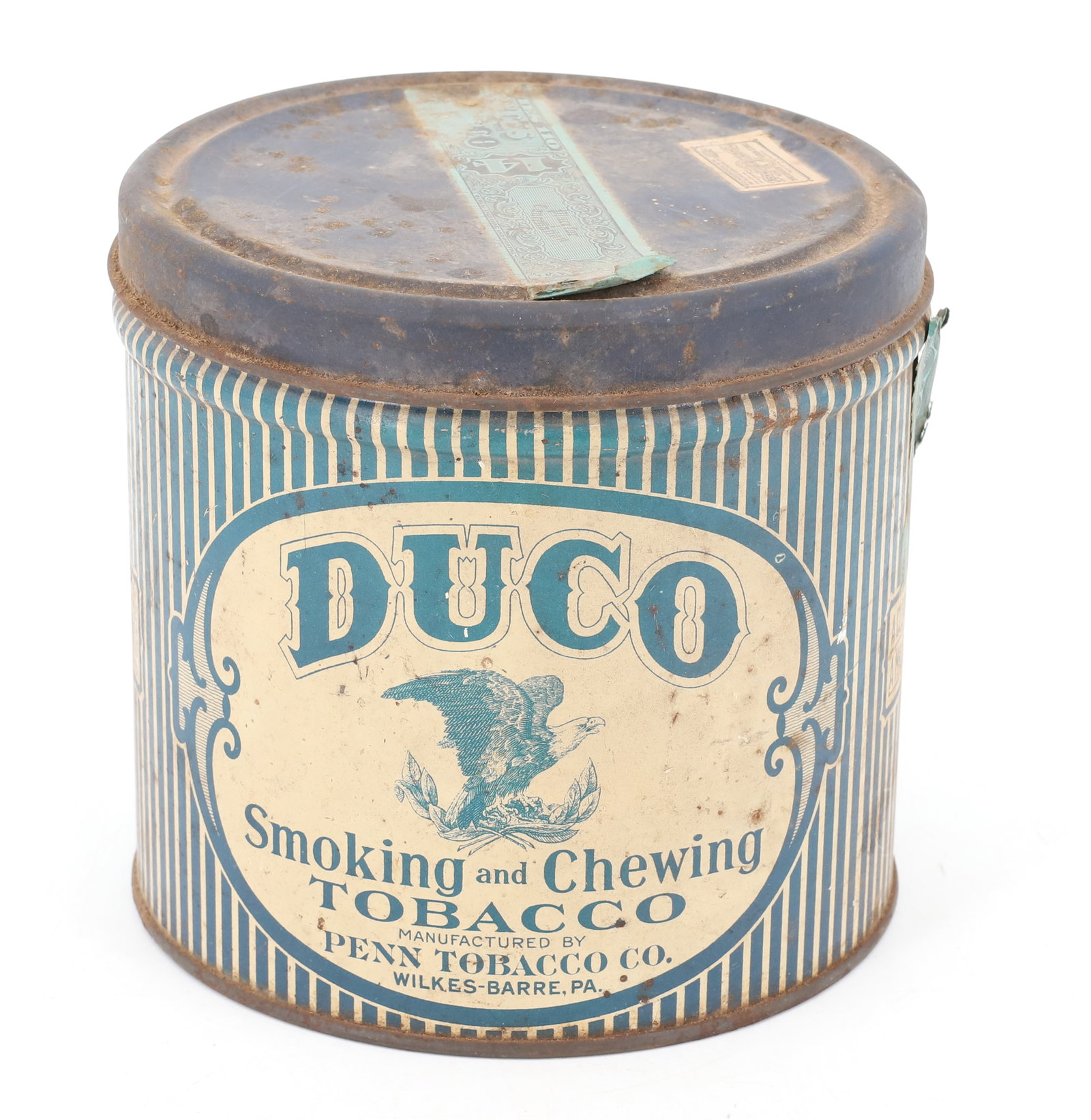 DUCO TOBACCO ADVERTISING TIN: SMOKING AND CHEWING TOBACCO, WILKES-BARRE, PA. 5 1/4" X 5 5/8". PLEASE READ CAREFULLY - SINCE THIS IS A COIN SALE PLEASE NOTE. ITEMS MUST BE PAID FOR THROUGH LIVE AUCTIONEERS OR WITH CASH OR CHECK IN