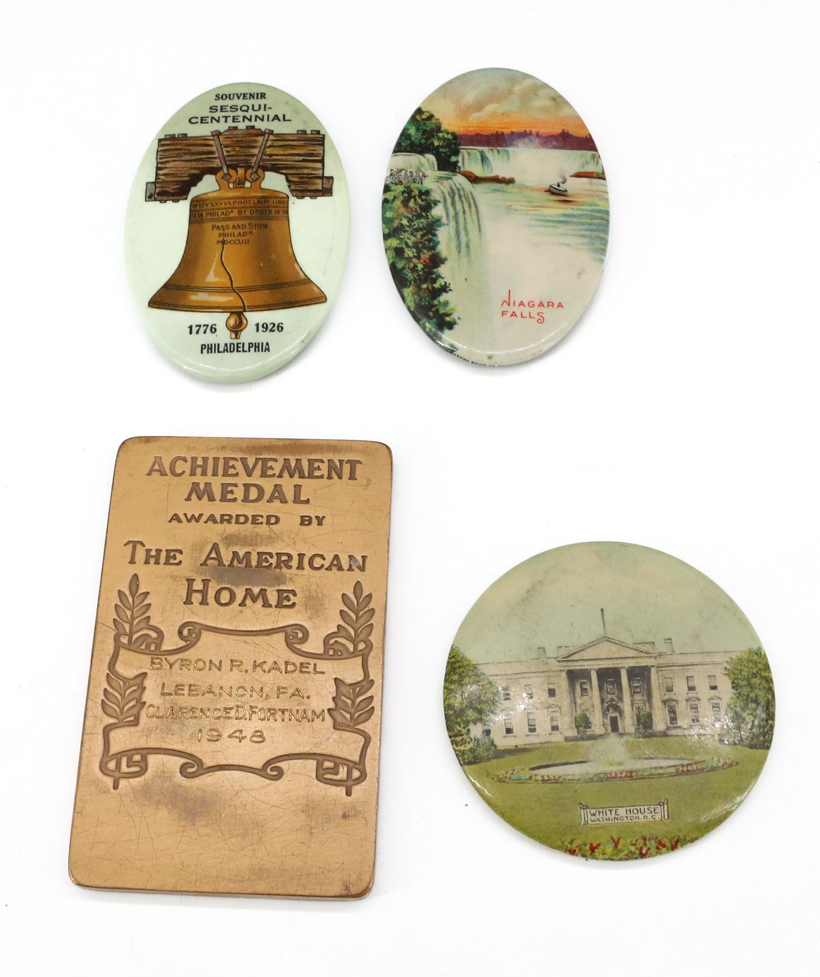 SOUVENIR MIRRORS AND BRONZE MEDAL: (3) OVAL/ROUND SOUVENIR MIRRORS: NIAGARA FALLS, WHITE HOUSE AND SESQUICENTENNIAL PHILADELPHIA 1776/1926 (3 3/4" L). WITH, BRONZE "THE AMERICAN HOME, ACHIEVEMENT MEDAL" (1948). PLEASE READ CAREFULLY -
