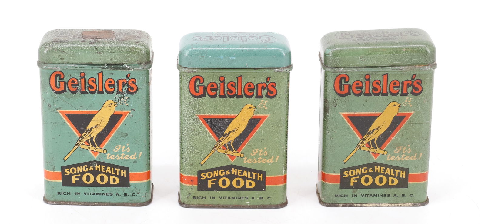 (3) GEISLER'S BIRD FOOD TINS: SONG & HEALTH FOOD, RESTORES SONG. 4" X 2 5/8". PLEASE READ CAREFULLY - SINCE THIS IS A COIN SALE PLEASE NOTE. ITEMS MUST BE PAID FOR THROUGH LIVE AUCTIONEERS OR WITH CASH OR CHECK IN PERSON - Terms f