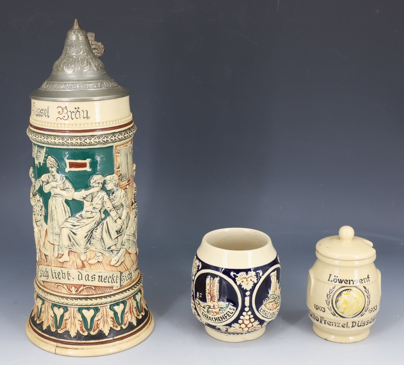 LOT OF GERMAN POTTERY, STEIN / MUG: LIDDED STEIN MRKD. 577 GERMANY (10 3/4" H), SMALL MUG MRKD. 293 M/R (3 3/8" H) AND LIDDED MUSTARD JAR 1903/1953 (3 3/4" H) . PLEASE READ CAREFULLY - SINCE THIS IS A COIN SALE PLEASE NOTE. ITEMS MUST B