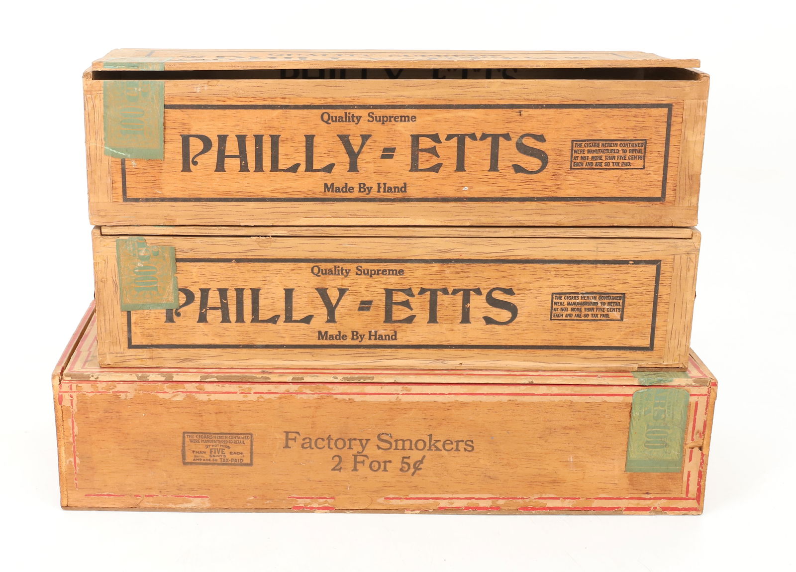 (3) WOODEN CIGAR BOXES: LARGEST MRKD. "C.E. BAIR & SONS, 2 FOR 5 CENTS" 14" L. WITH (2) PHILLY-ETTS, 5 FOR 10 CENTS. 12 1/2" L. PLEASE READ CAREFULLY - SINCE THIS IS A COIN SALE PLEASE NOTE. ITEMS MUST BE PAID FOR THROUGH LI