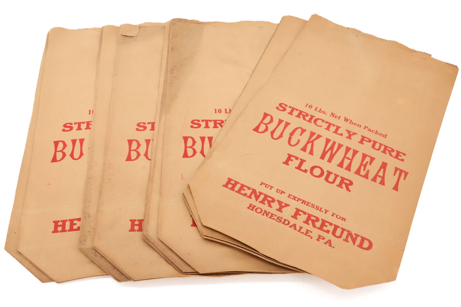 LOT OF NOS FLOUR BAGS: PRINTED PAPER BAGS "STRICTLY PURE BUCKWHEAT FLOUR, PUT UP EXPRESSLY FOR HENRY FREUND, HONESDALE, PA" 19" X 11". PLEASE READ CAREFULLY - SINCE THIS IS A COIN SALE PLEASE NOTE. ITEMS MUST BE PAID FOR TH