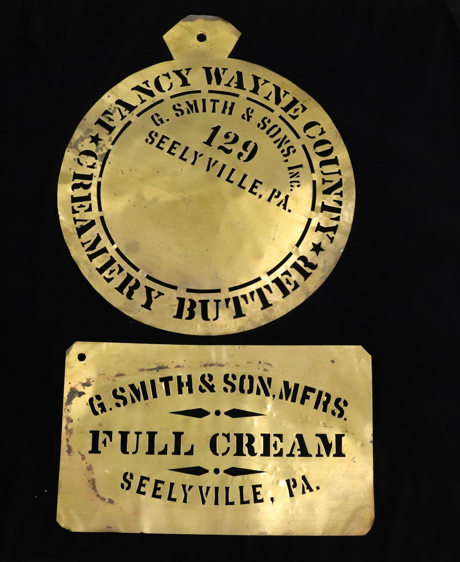 (2) SEELYVILLE, PA BRASS STENCILS: FANCY WAYNE COUNTY CREAMERY BUTTER, G. SMITH & SONS, INC 15" D. WITH, SMALLER RECTANGULAR STENCIL "FULL CREAM" 8 1/2" X 14 1/8". PLEASE READ CAREFULLY - SINCE THIS IS A COIN SALE PLEASE NOTE. ITEMS MU