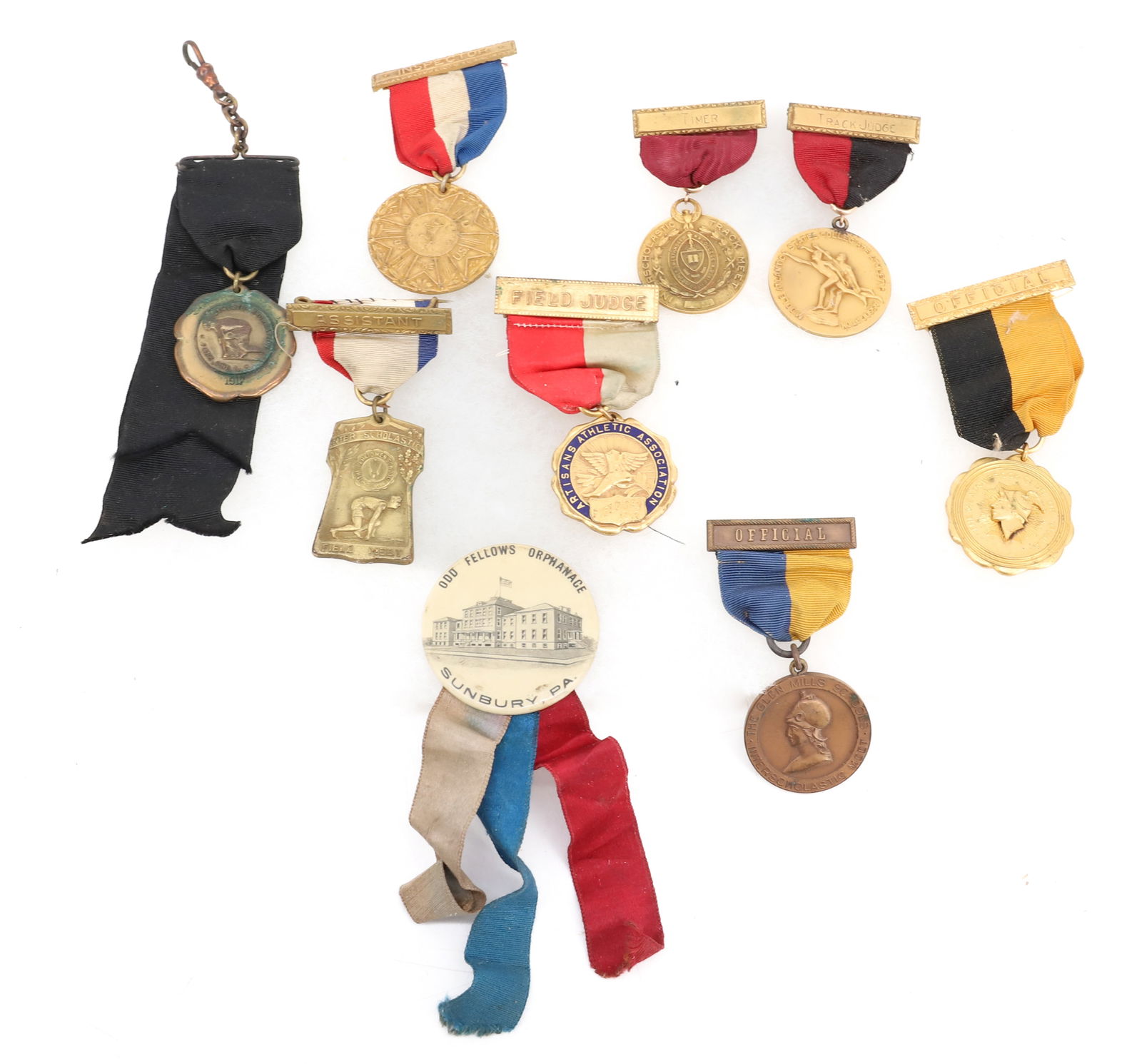 ANTIQUE ATHLETIC JUDGING/ OFFICIAL MEDALS: INCLUDING: ATHLETIC RECREATION PARK, PHILA. 1917. INTER SCHOLASTIC FIELD MEET, THE PERKIOMEN SCHOOL 1892. INSPECTOR AAU OF THE US. ARTISANS ATHLETIC ASSOCIATION, FIELD DAY 1917. INTERSCHOLASTIC TRACK