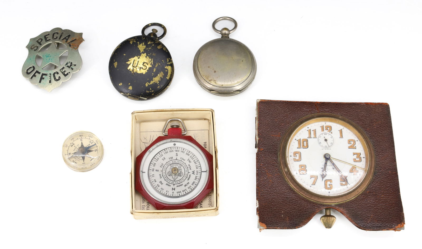 LOT OF COMPASSES, BADGE, AUTO CLOCK (1 of 5)