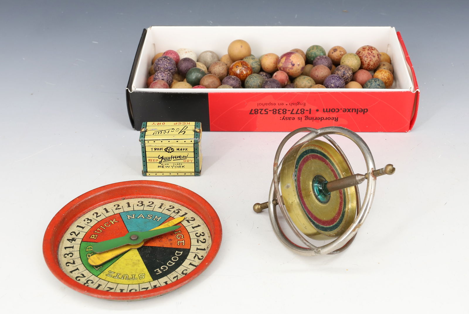 CLAY MARBLES, GYROSCOPE AND TIN TOYS (1 of 3)