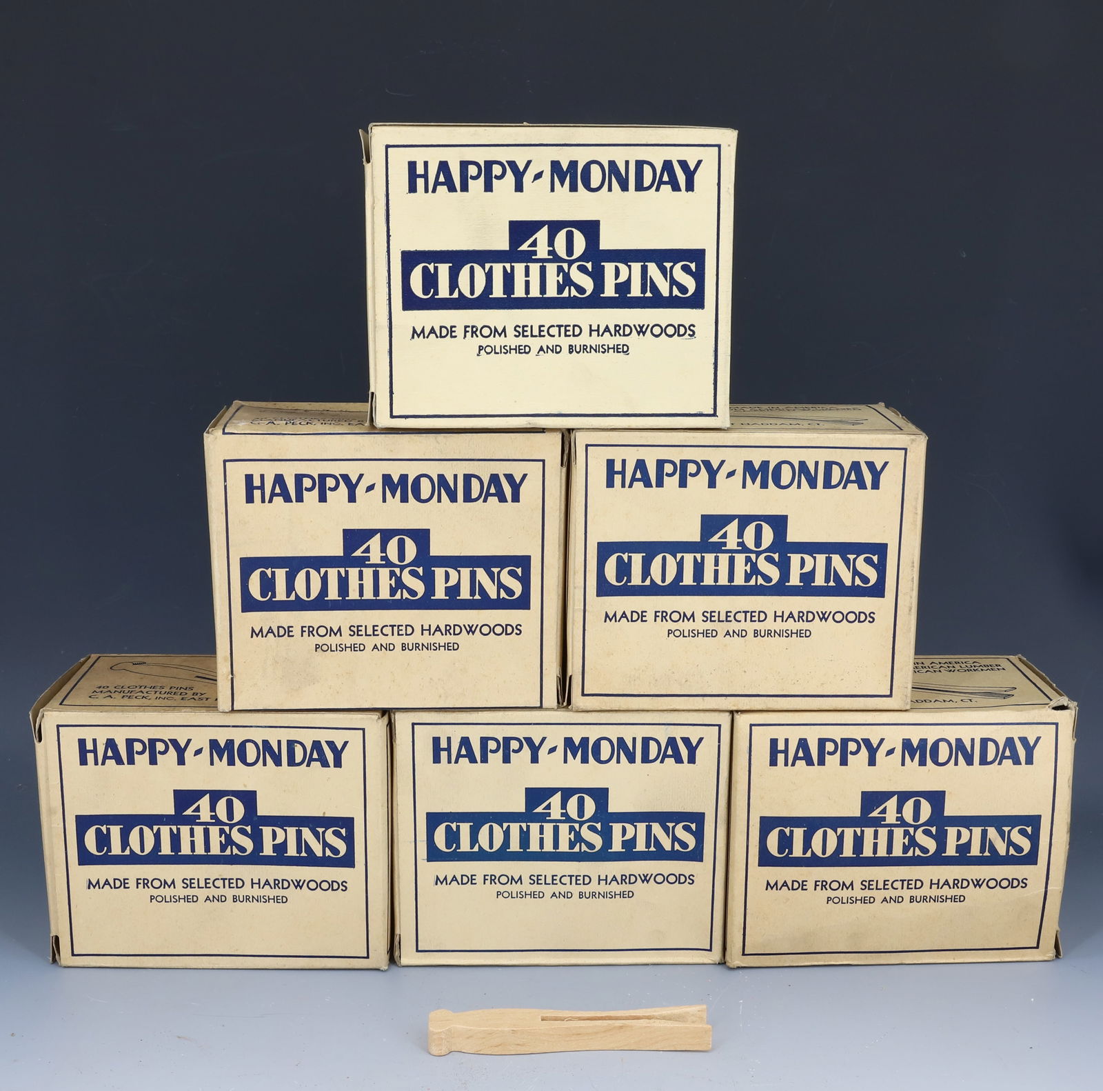 LOT OF (6) BOXES OF VINTAGE CLOTHES PINS: HAPPY-MONDAY 40 CLOTHES PINS PER BOX. 5" L. PLEASE READ CAREFULLY - SINCE THIS IS A COIN SALE PLEASE NOTE. ITEMS MUST BE PAID FOR THROUGH LIVE AUCTIONEERS OR WITH CASH OR CHECK IN PERSON - Terms for P