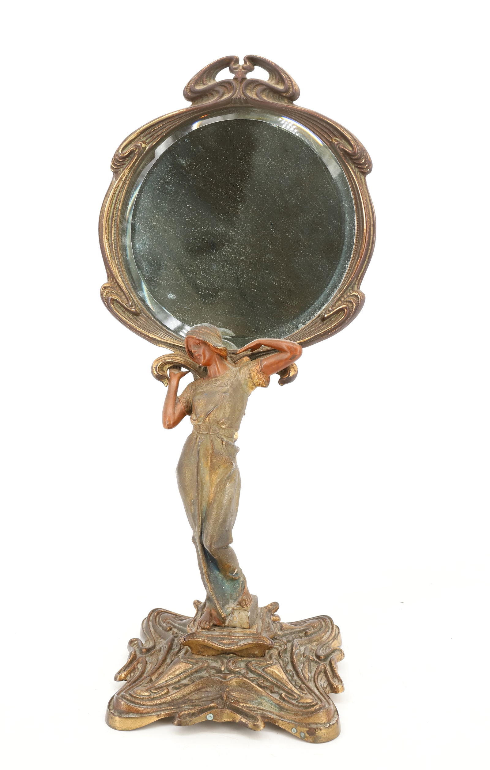 ART NOUVEAU VANITY MIRROR: COLD PAINTED BRONZE WOMAN ATTACHED TO CAST IRON BASE WITH CAST IRON MIRROR FRAME. 19 1/2" X 9". MRKD. 7783 ON BASE AND ON BACK OF MIRROR FRAME. PLEASE READ CAREFULLY - SINCE THIS IS A COIN SALE PLEASE