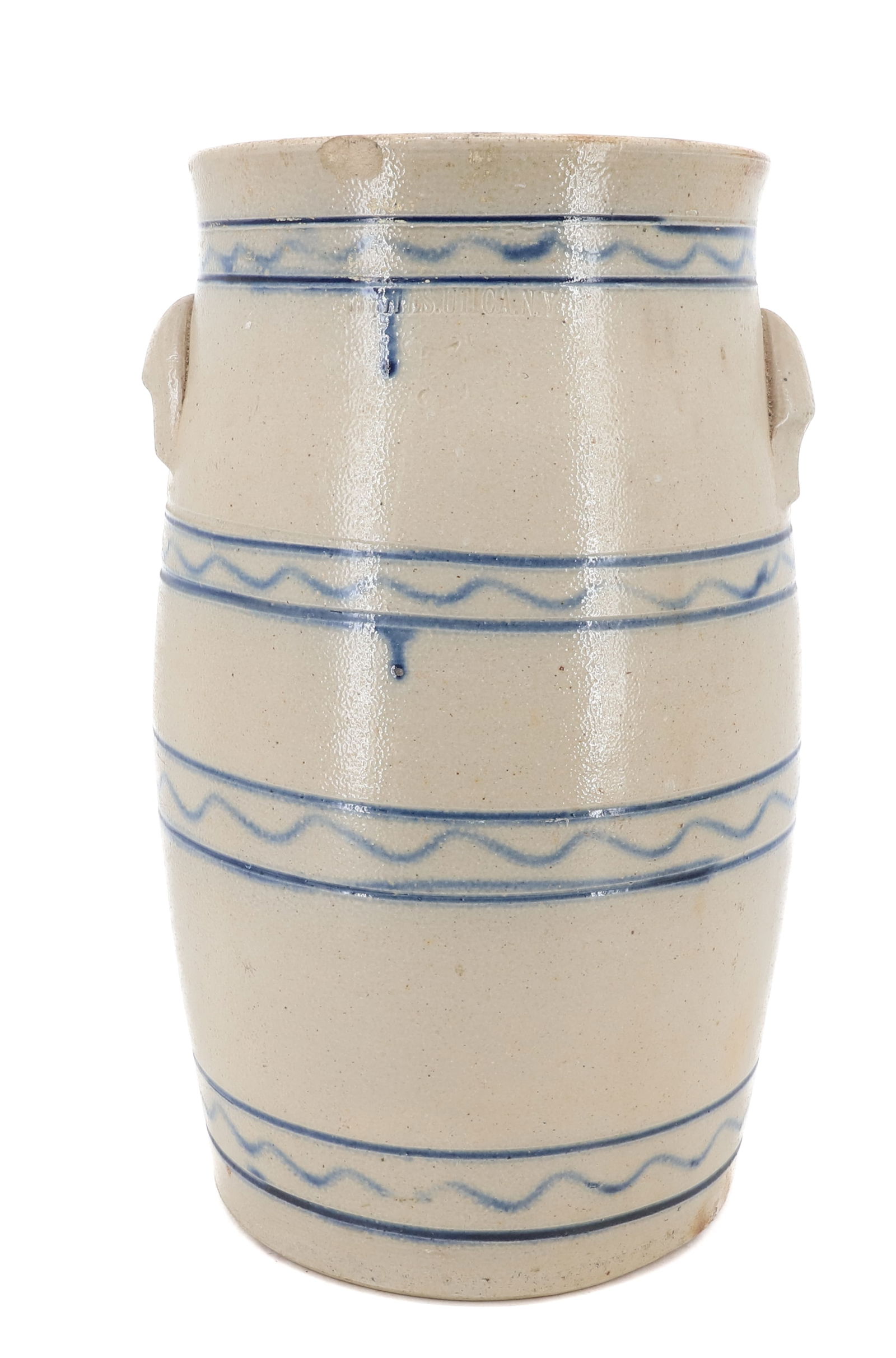 WHITES, UTICA,NY STONEWARE BUTTER CHURN: BLUE DECORATED WITH INCISED LINES. IMPRESSED "3" AT TOP. LUG HANDLES ON EITHER SIDE. 17 1/4" H. PLEASE READ CAREFULLY - SINCE THIS IS A COIN SALE PLEASE NOTE. ITEMS MUST BE PAID FOR THROUGH LIVE AUCTI