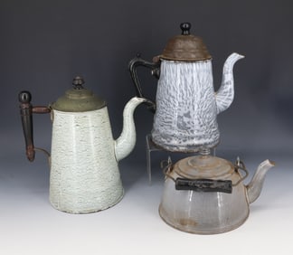 (3) AGATEWARE TEAPOTS