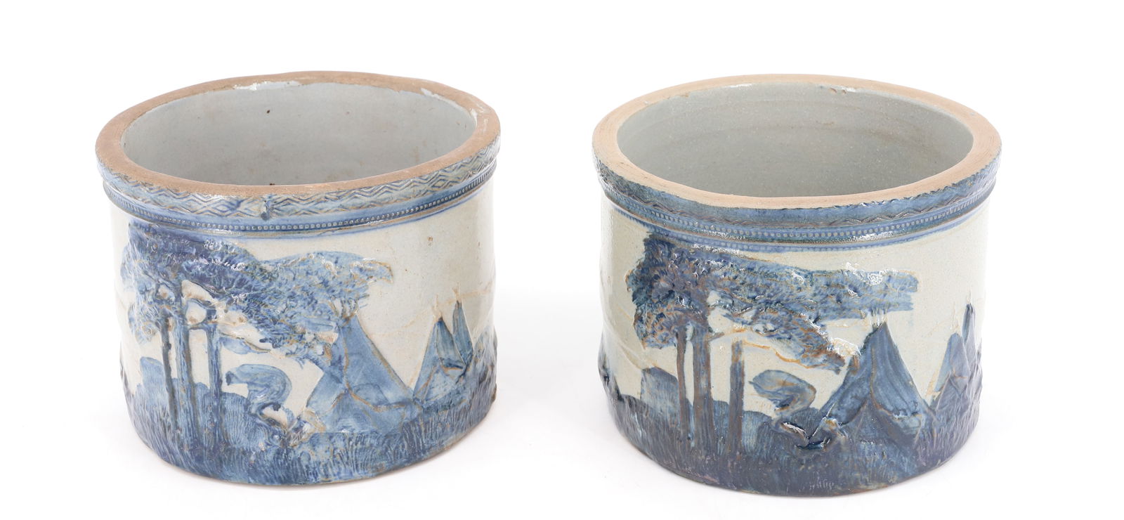 (2) "OLD SLEEPY EYE" BUTTER CROCKS: MOLDED CROCKS WITH BLUE DECORATION. 5" X 6 1/2". PLEASE READ CAREFULLY - SINCE THIS IS A COIN SALE PLEASE NOTE. ITEMS MUST BE PAID FOR THROUGH LIVE AUCTIONEERS OR WITH CASH OR CHECK IN PERSON -