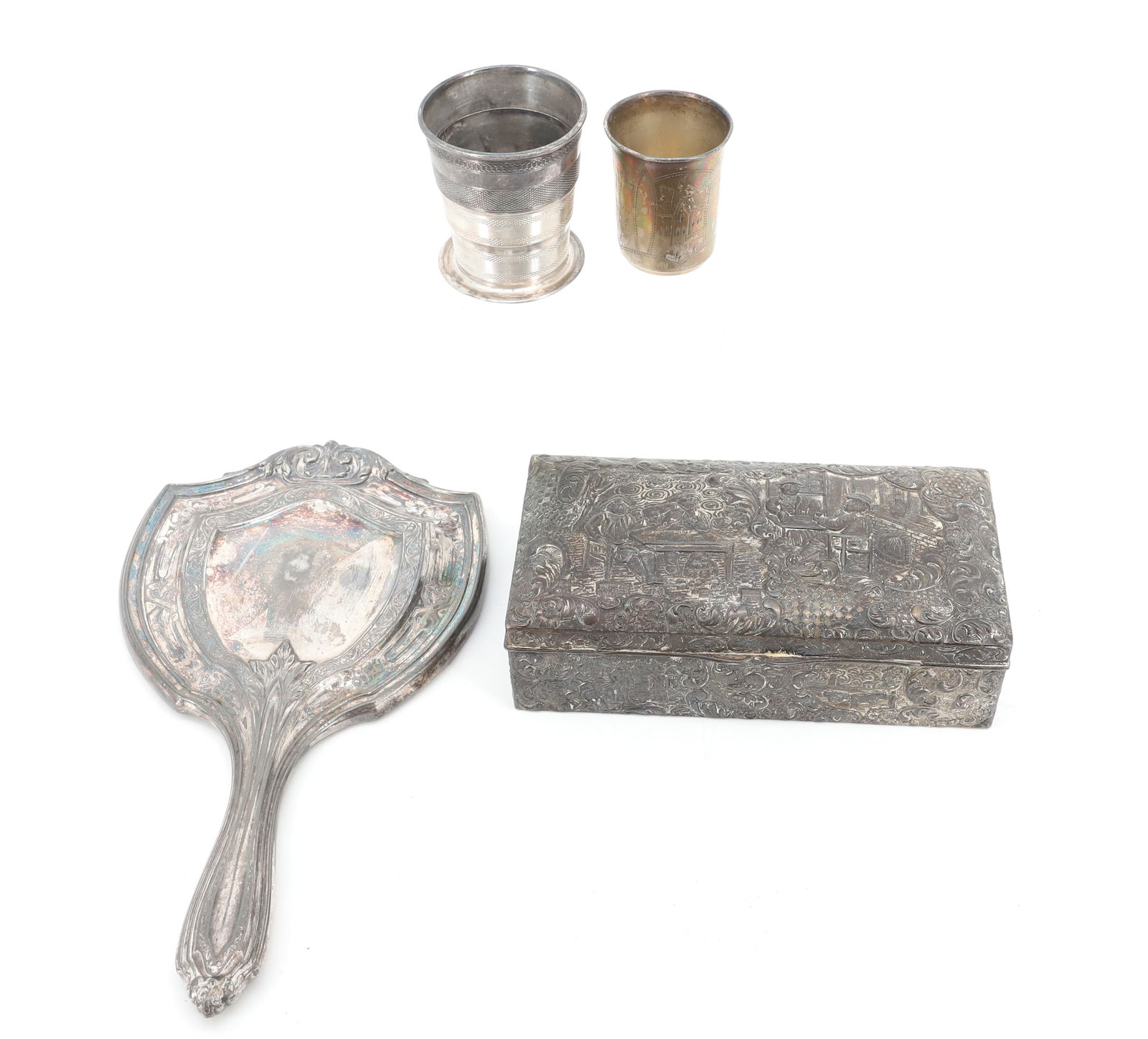 LOT OF SILVERPLATE, MIRROR AND MORE: ART NOUVEAU HAND MIRROR 11" L., "ROGERS & BROS." TRIPLE PLATE TRAVEL CUP, DECORATED SMALL TUMBLER AND DECORATED CIGARETTE BOX WITH TAVERN SCENE ON LID (MADE IN JAPAN) 7" L. PLEASE READ CAREFULLY - SIN
