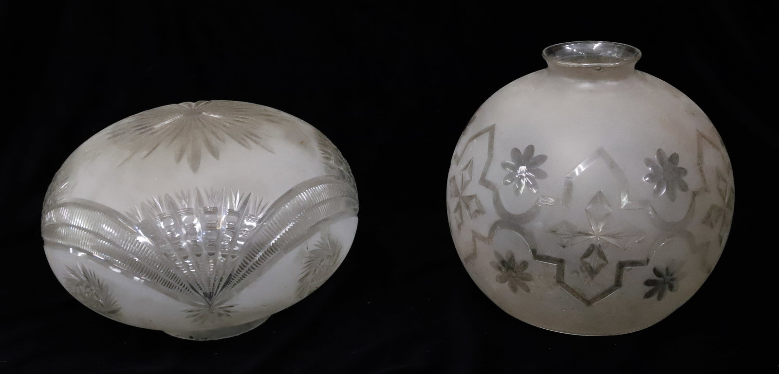 (2) FROSTED / ETCHED SHADES: FROSTED SHADE WITH CUT DESIGN. BALL SHAPED. FITTER 2 1/2" D. LARGE OPENING 5 1/4" D. ETCHED AND CUT GLASS SHADE. FITTER 3 1/4" . 8 1/4" D. PLEASE READ CAREFULLY - SINCE THIS IS A COIN SALE PLEASE NOTE