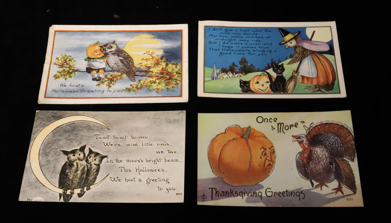 LOT OF HALLOWEEN / THANKSGIVING POSTCARDS: THREE HALLOWEEN CARDS AND ONE THANKSGIVING WITH PUMPKIN. PLEASE READ CAREFULLY - SINCE THIS IS A COIN SALE PLEASE NOTE. ITEMS MUST BE PAID FOR THROUGH LIVE AUCTIONEERS OR WITH CASH OR CHECK IN PERSON