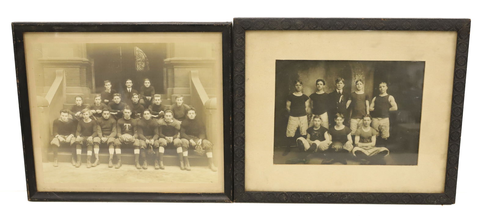 (2) ANTIQUE TEAM PHOTOGRAPHS: FRAMED UNDER GLASS. FOOTBALL TEAM WITH BALL MRKD. "THS 14". 9 3/4"X 11 1/4". WITH ANOTHER TEAM PHOTO WITH BALL MRKD. "SPEEDY 5". PLEASE READ CAREFULLY - SINCE THIS IS A COIN SALE PLEASE NOTE. ITEMS MU