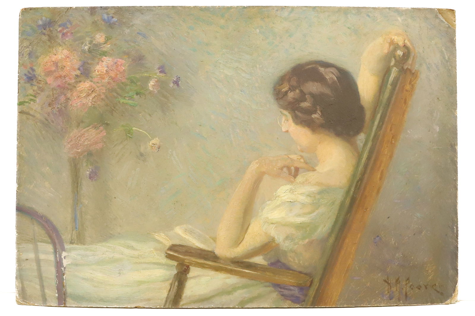 HENRY R. POORE, OIL ON ARTIST'S BOARD: THE READER WOMAN READING BOOK SEATED IN WOODEN CHAIR WITH LEGS PROPPED. SGND. BOTTOM RIGHT. UNFRAMED. 12" X 17 3/4". PLEASE READ CAREFULLY - SINCE THIS IS A COIN SALE PLEASE NOTE. ITEMS MUST BE PAID F