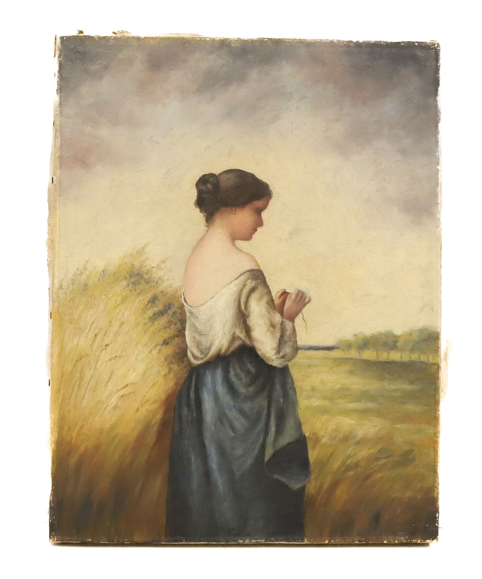 PORTRAIT OF A WOMAN, OIL ON CANVAS: COUNTRY SCENE OF A WOMAN HOLDING FLOWER IN FIELD. UNSIGNED. UNFRAMED. INITIALED ON BACK "AFK". 13" X 10". PLEASE READ CAREFULLY - SINCE THIS IS A COIN SALE PLEASE NOTE. ITEMS MUST BE PAID FOR THROUGH