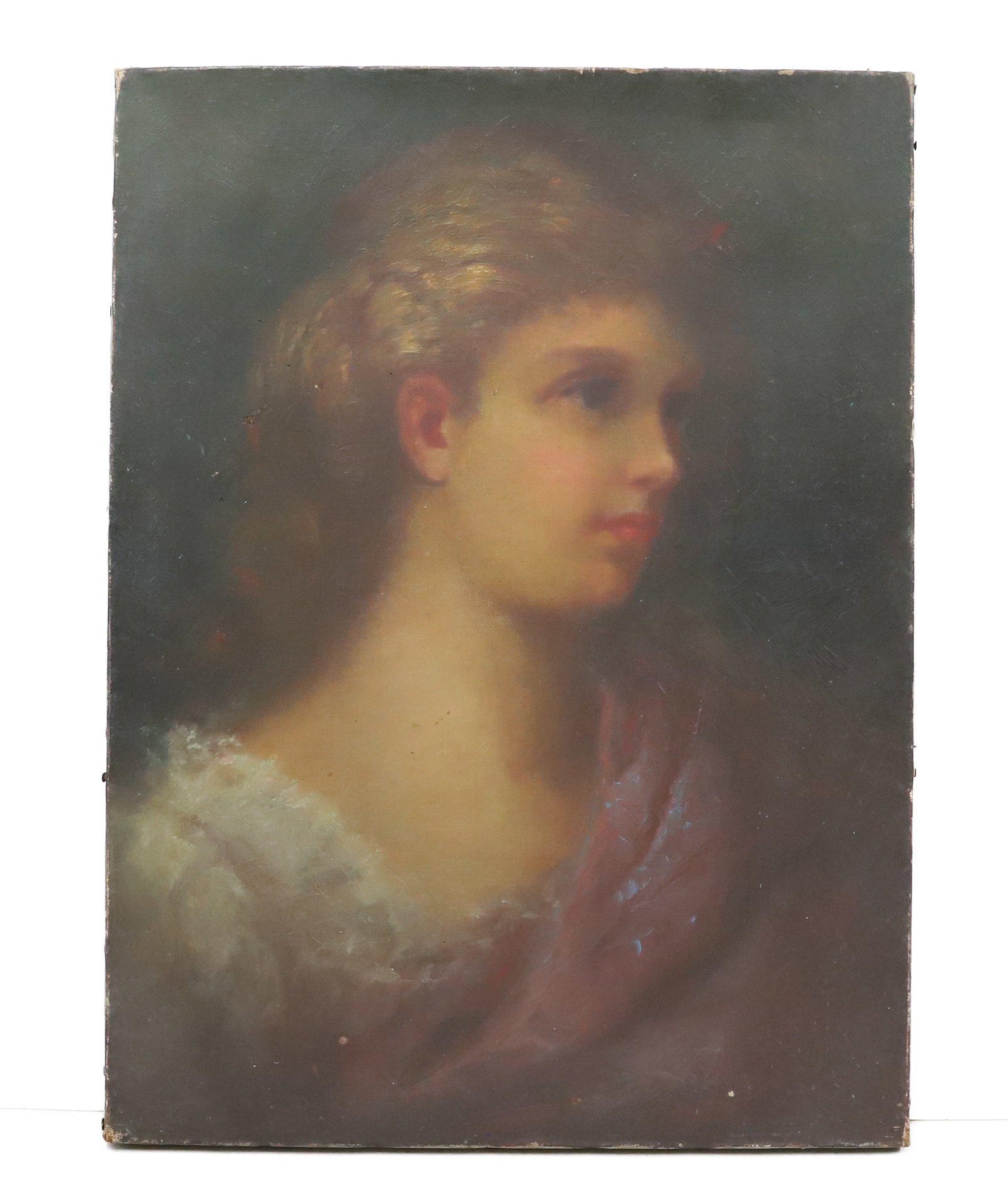 PORTRAIT OF A GIRL, OIL ON CANVAS: YOUNG WOMAN LOOKING TO SIDE. UNSIGNED. UNFRAMED. 16 1/4" X 12 1/8". PLEASE READ CAREFULLY - SINCE THIS IS A COIN SALE PLEASE NOTE. ITEMS MUST BE PAID FOR THROUGH LIVE AUCTIONEERS OR WITH CASH OR CHECK