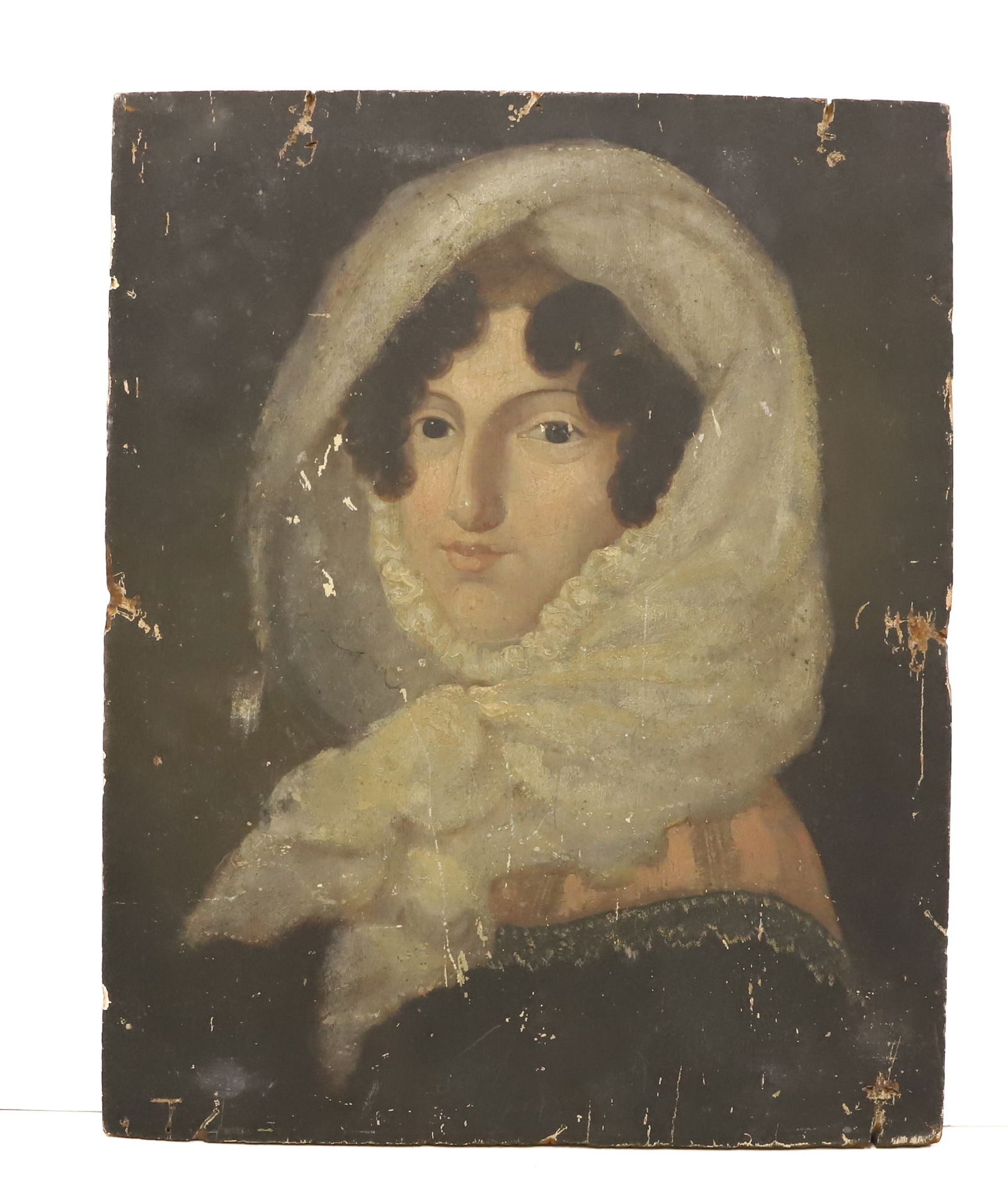 DOUBLE-SIDED PORTRAIT, OIL ON BOARD: EARLY 19TH C. PORTRAIT OF A LADY WITH WHITE HEAD COVERING AND LACE EDGE DRESS. UNFRAMED. UNSIGNED. 17 1/4" X 13 3/4". OTHER SIDE, PORTRAIT OF YOUNG WOMAN FACING TOWARDS THE SIDE WITH SHOULDER EXPOSED.