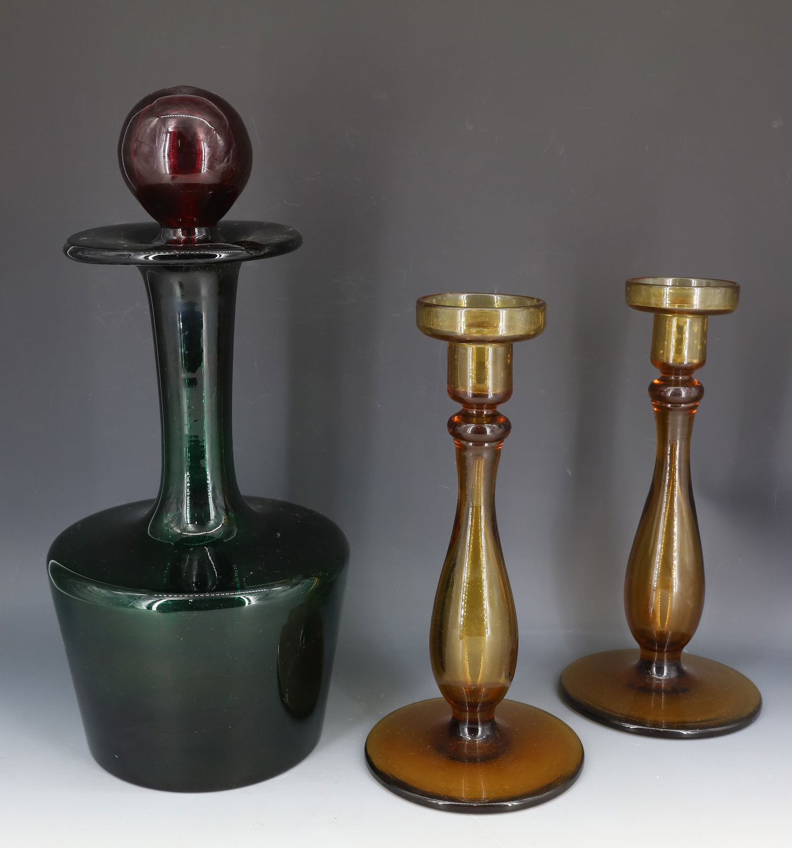LARGE DECANTER / STOPPER AND AMBER CANDLESTICKS (1 of 7)